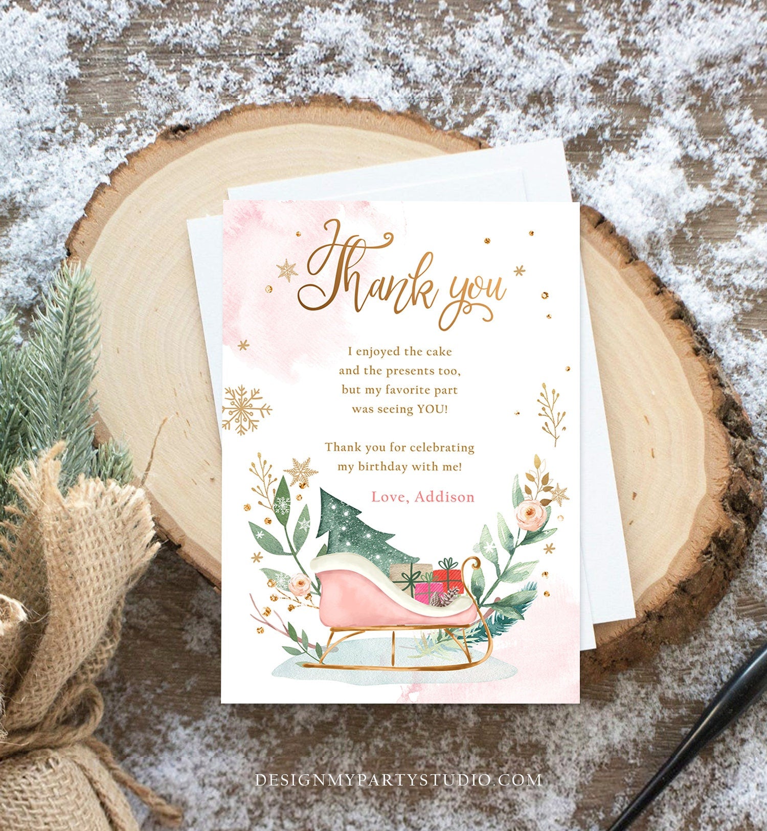 Editable Sleigh Winter Tree Thank You Card Birthday Watercolor Baby Its Cold Outside Baby Shower Pink Girl Snow Template Download Corjl 0353