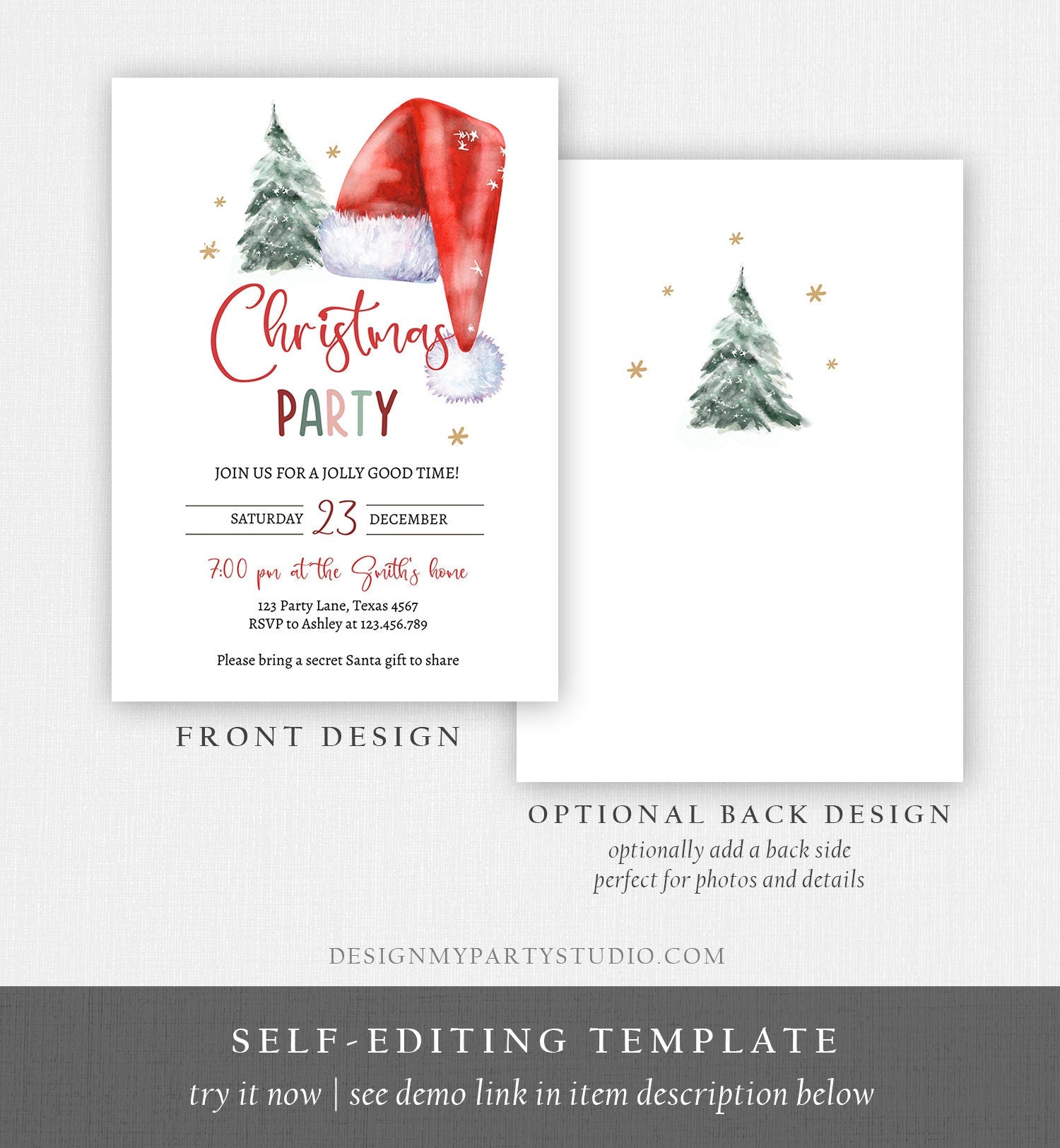 Editable Christmas Party Invitation Holiday Santa Hat Christmas Invitation Christmas Birthday Tree Corjl Template Download Printable 0444