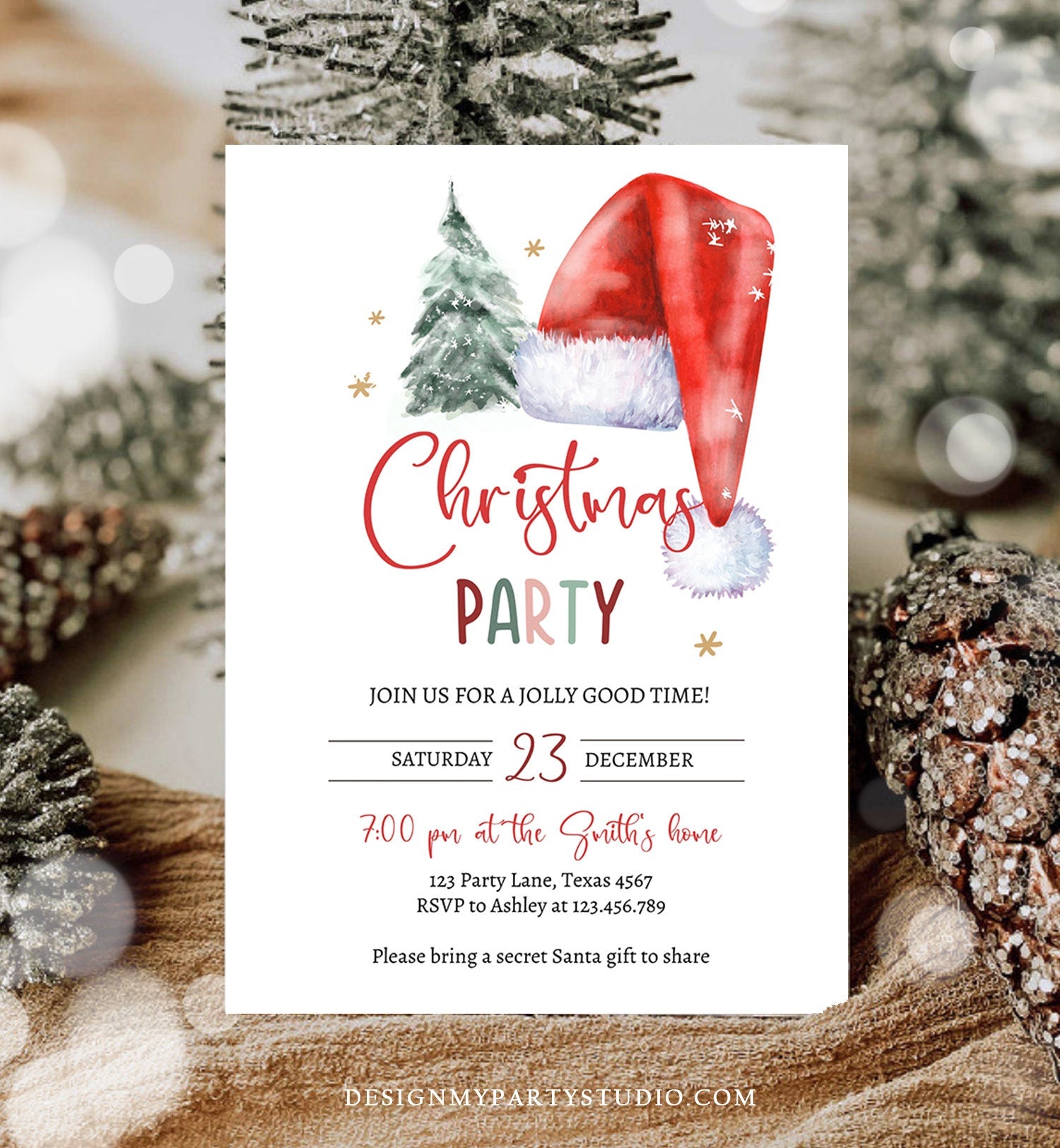 Editable Christmas Party Invitation Holiday Santa Hat Christmas Invitation Christmas Birthday Tree Corjl Template Download Printable 0444