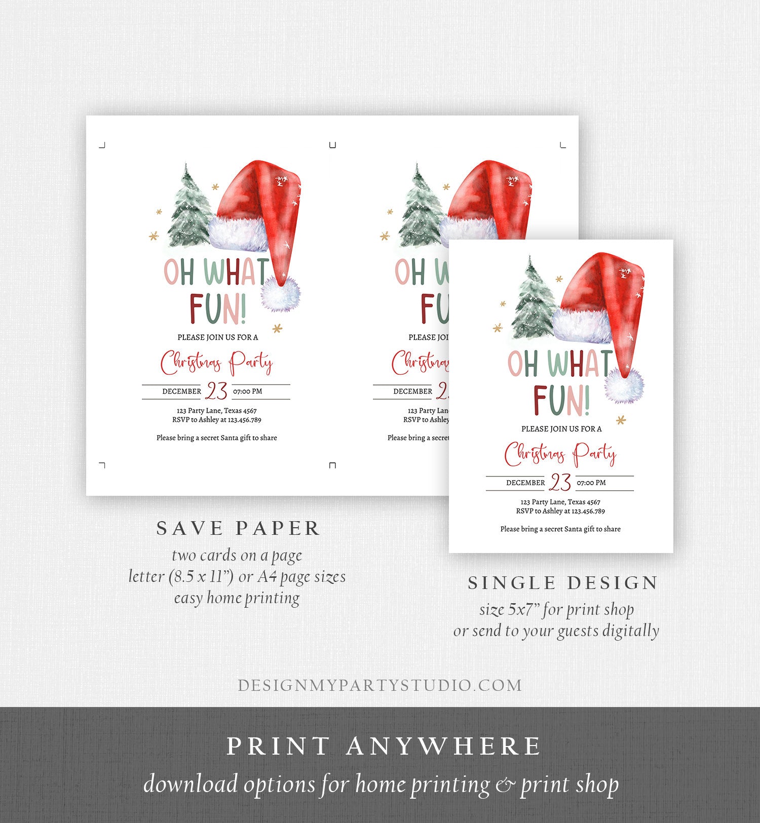 Editable Christmas Party Invitation Kids Holiday Santa Hat Oh What Fun Invite Christmas Birthday Corjl Template Download Printable 0444