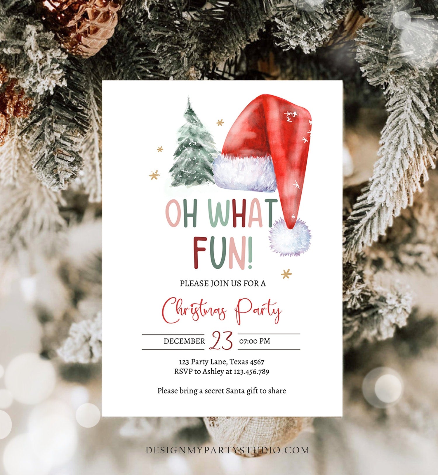 Editable Christmas Party Invitation Kids Holiday Santa Hat Oh What Fun Invite Christmas Birthday Corjl Template Download Printable 0444