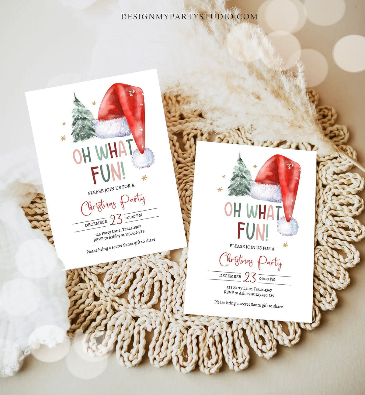 Editable Christmas Party Invitation Kids Holiday Santa Hat Oh What Fun Invite Christmas Birthday Corjl Template Download Printable 0444