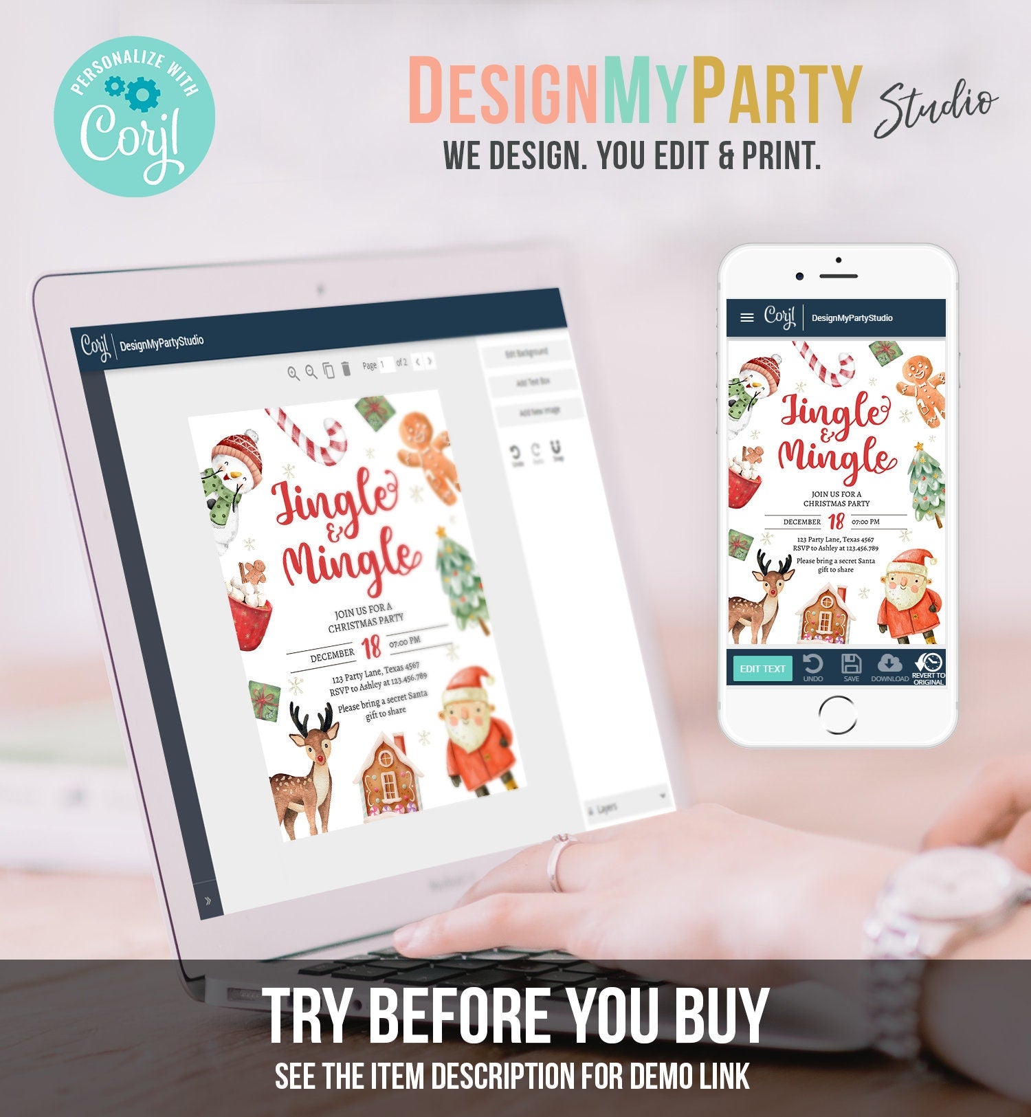 Editable Christmas Party Invitation Kids Christmas Invite Holiday Party Jingle and Mingle Birthday Corjl Template Download Printable 0445