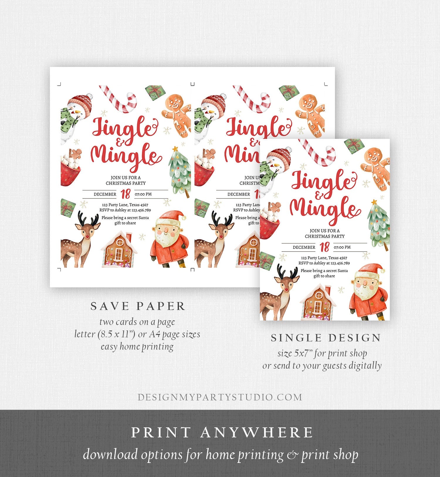 Editable Christmas Party Invitation Kids Christmas Invite Holiday Party Jingle and Mingle Birthday Corjl Template Download Printable 0445