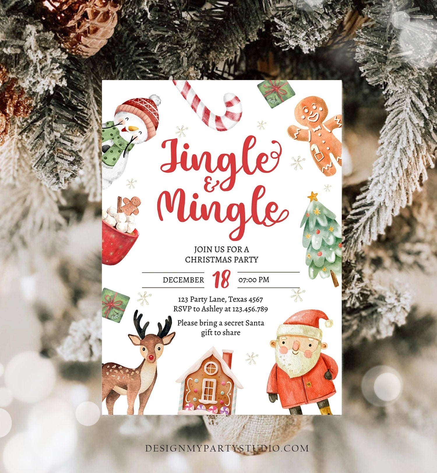 Editable Christmas Party Invitation Kids Christmas Invite Holiday Party Jingle and Mingle Birthday Corjl Template Download Printable 0445