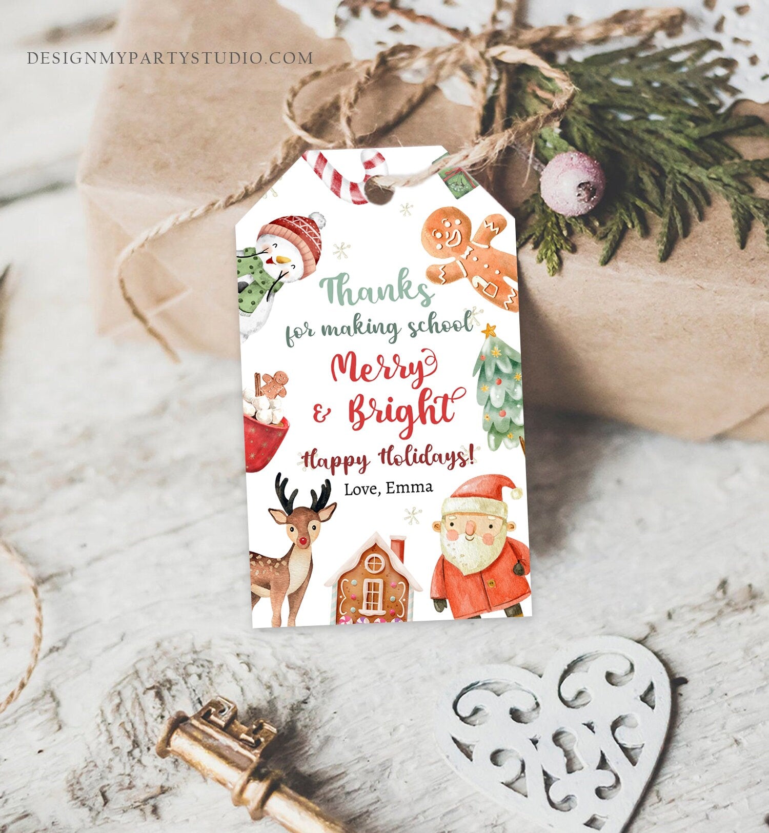 Editable School Merry and Bright Tag Christmas Gift Tag Holiday Tag Appreciation Teacher Staff Download Printable Template Corjl 0443 0445