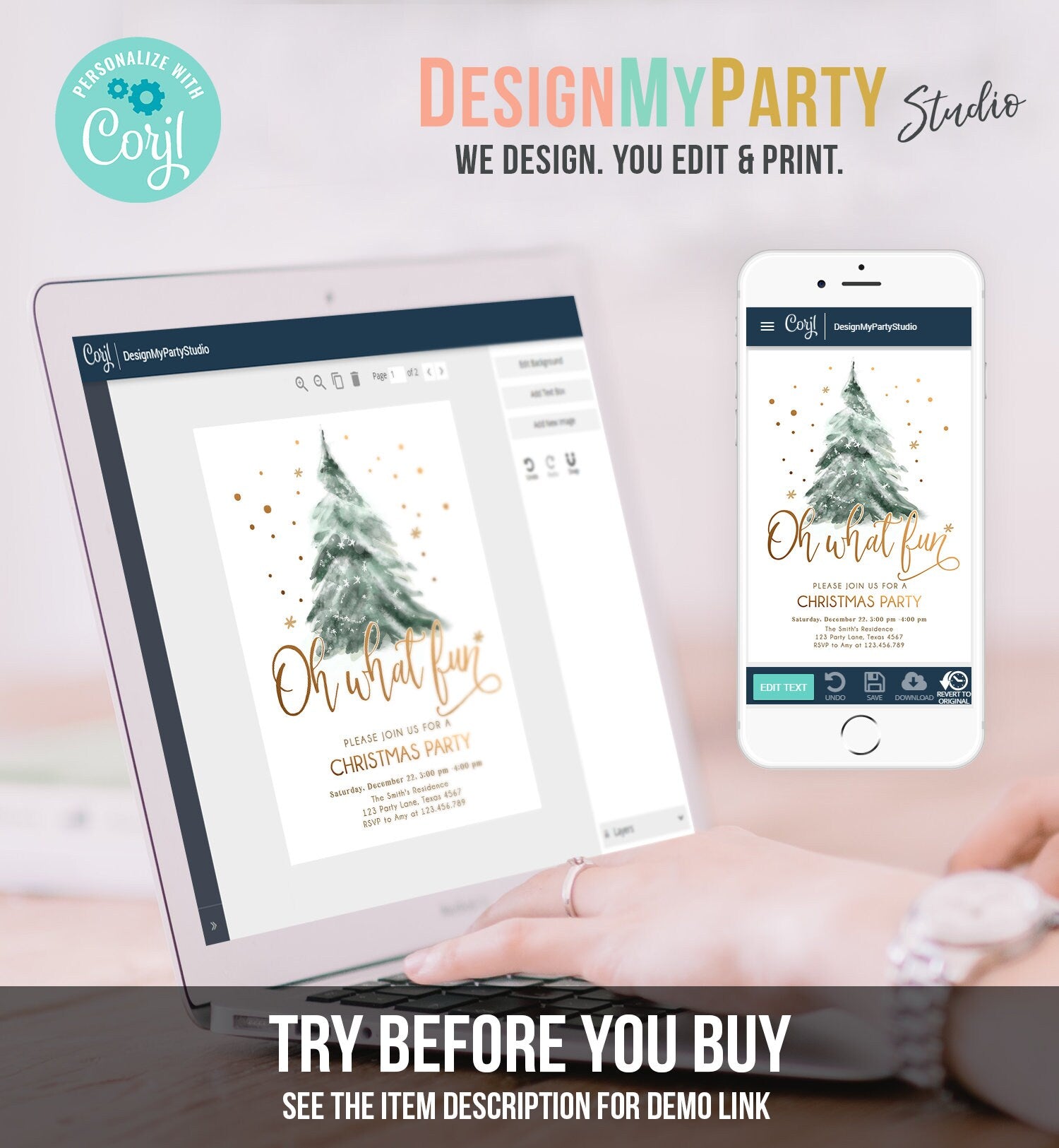 Editable Christmas Party Invitation Winter Tree Oh What Fun Invite Holiday Party Birthday Invite Corjl Template Download Printable 0363