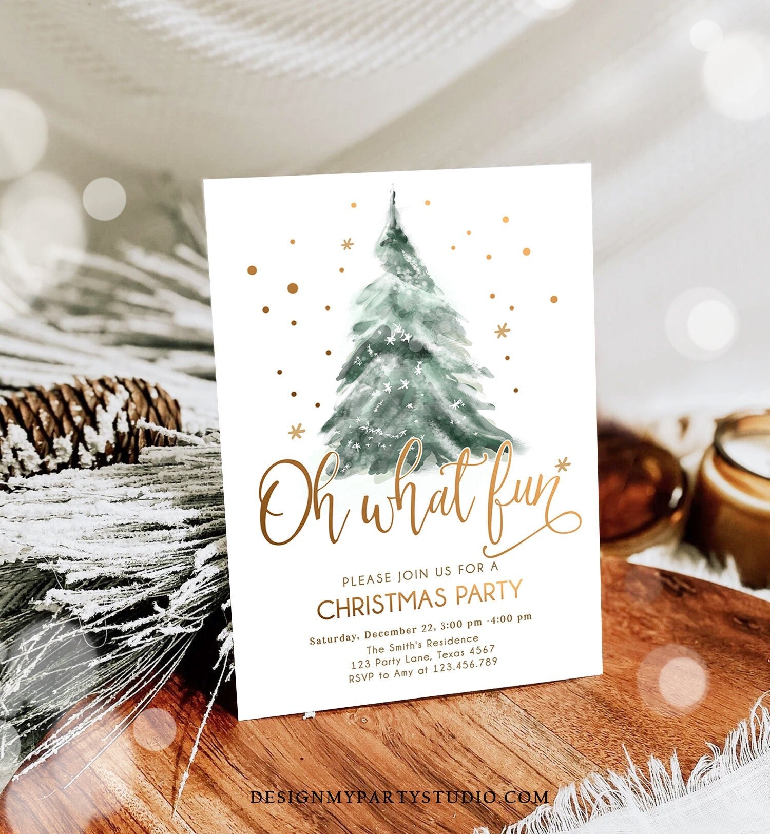 Editable Christmas Party Invitation Winter Tree Oh What Fun Invite Holiday Party Birthday Invite Corjl Template Download Printable 0363