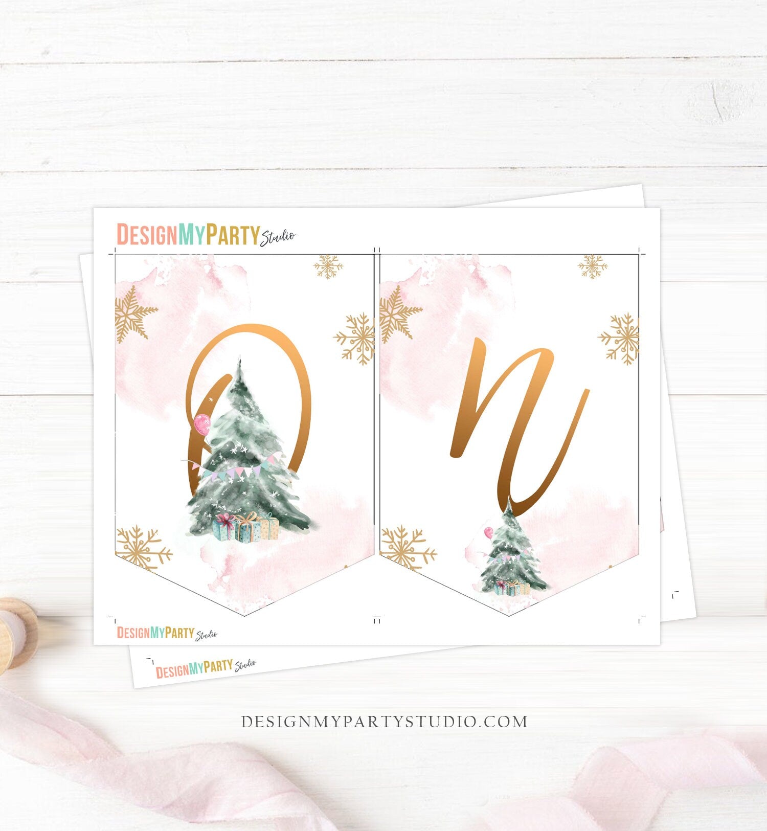 One High Chair Banner Winter Onederland Girl 1st First Birthday Pink Christmas Birthday Oh What Fun ONE Tree Decor PRINTABLE Digital 0363