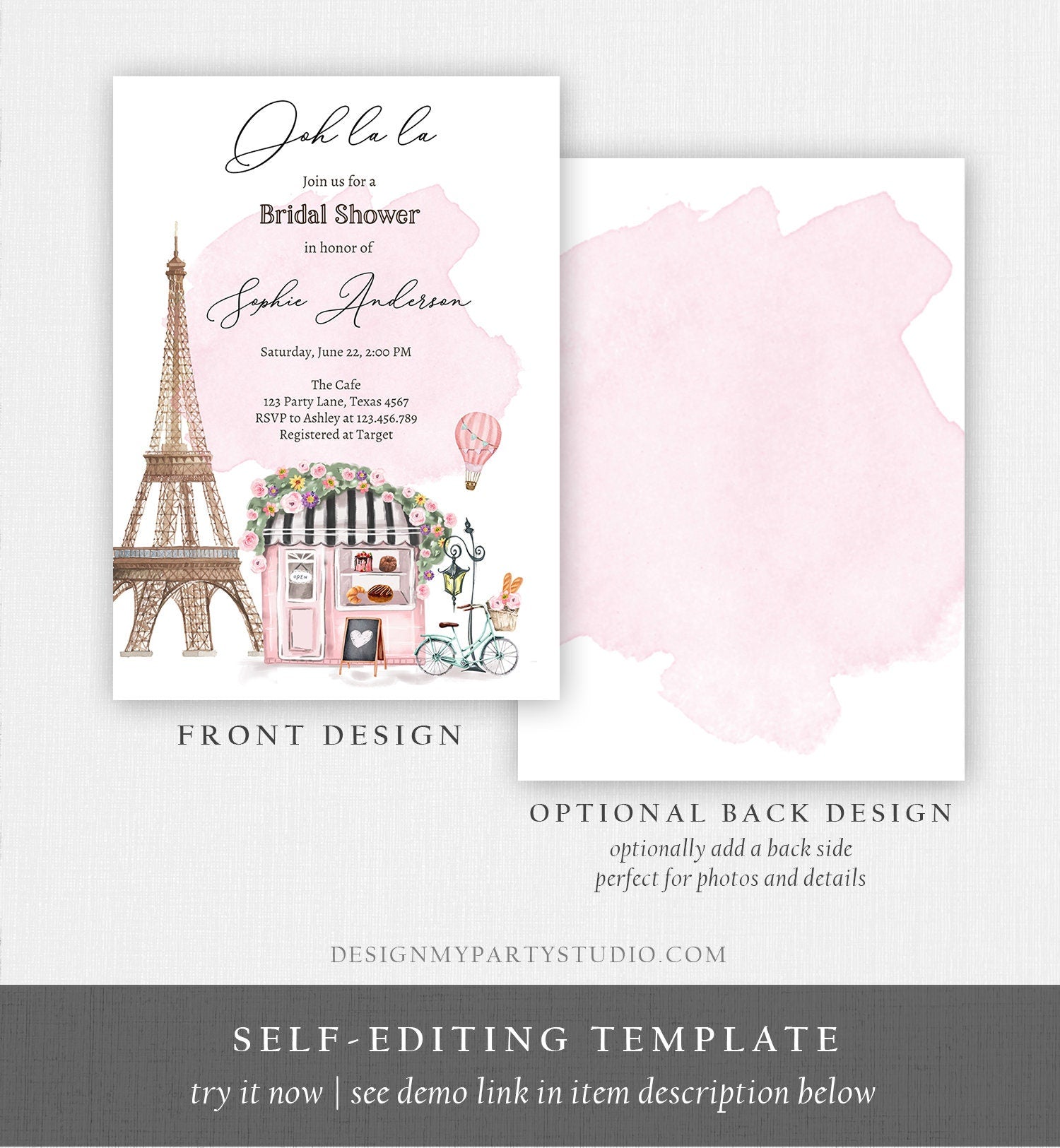 Editable Paris Bridal Shower Invitation French Patisserie Parisian Eiffel Tower Ooh La La Cafe Floral Digital Evite Template Printable 0441