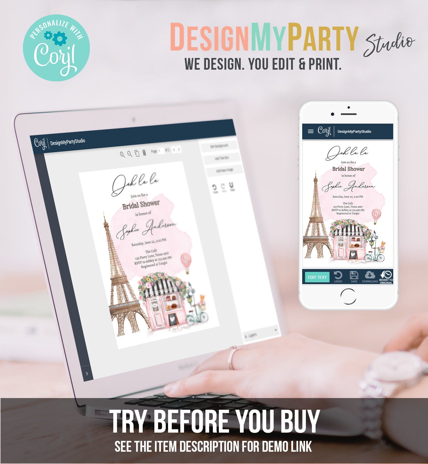 Editable Paris Bridal Shower Invitation French Patisserie Parisian Eiffel Tower Ooh La La Cafe Floral Digital Evite Template Printable 0441