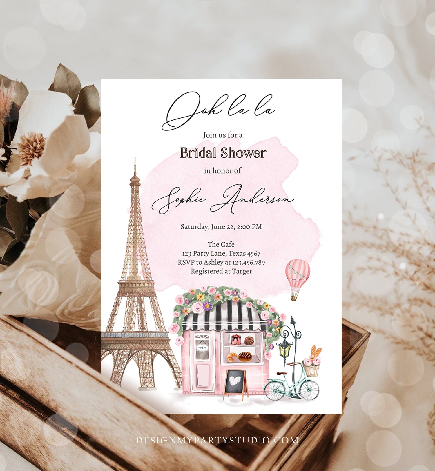 Editable Paris Bridal Shower Invitation French Patisserie Parisian Eiffel Tower Ooh La La Cafe Floral Digital Evite Template Printable 0441