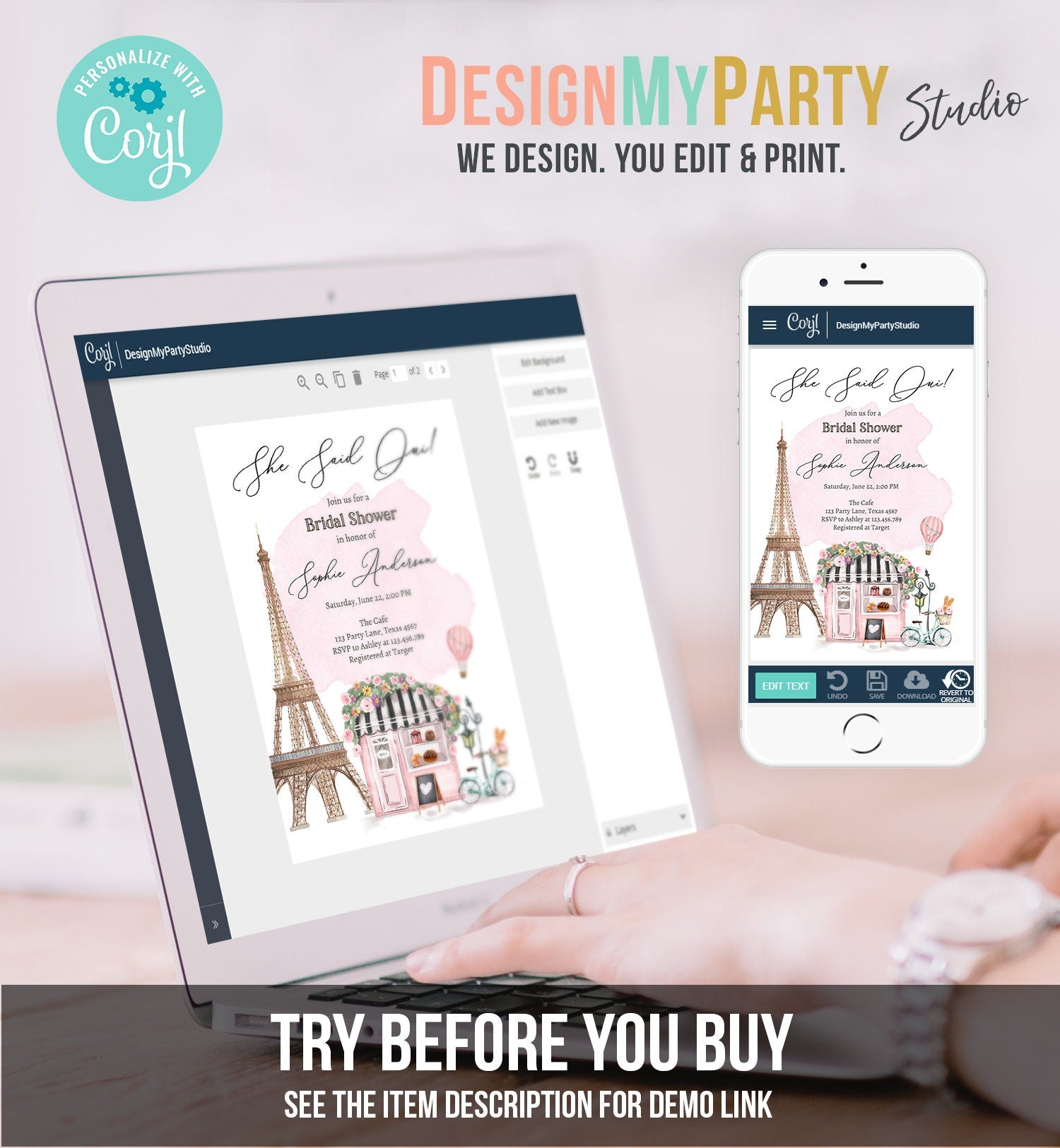 Editable Paris Bridal Shower Invitation She Said Oui French Patisserie Parisian Eiffel Tower Floral Printable Template Corjl Digital 0441