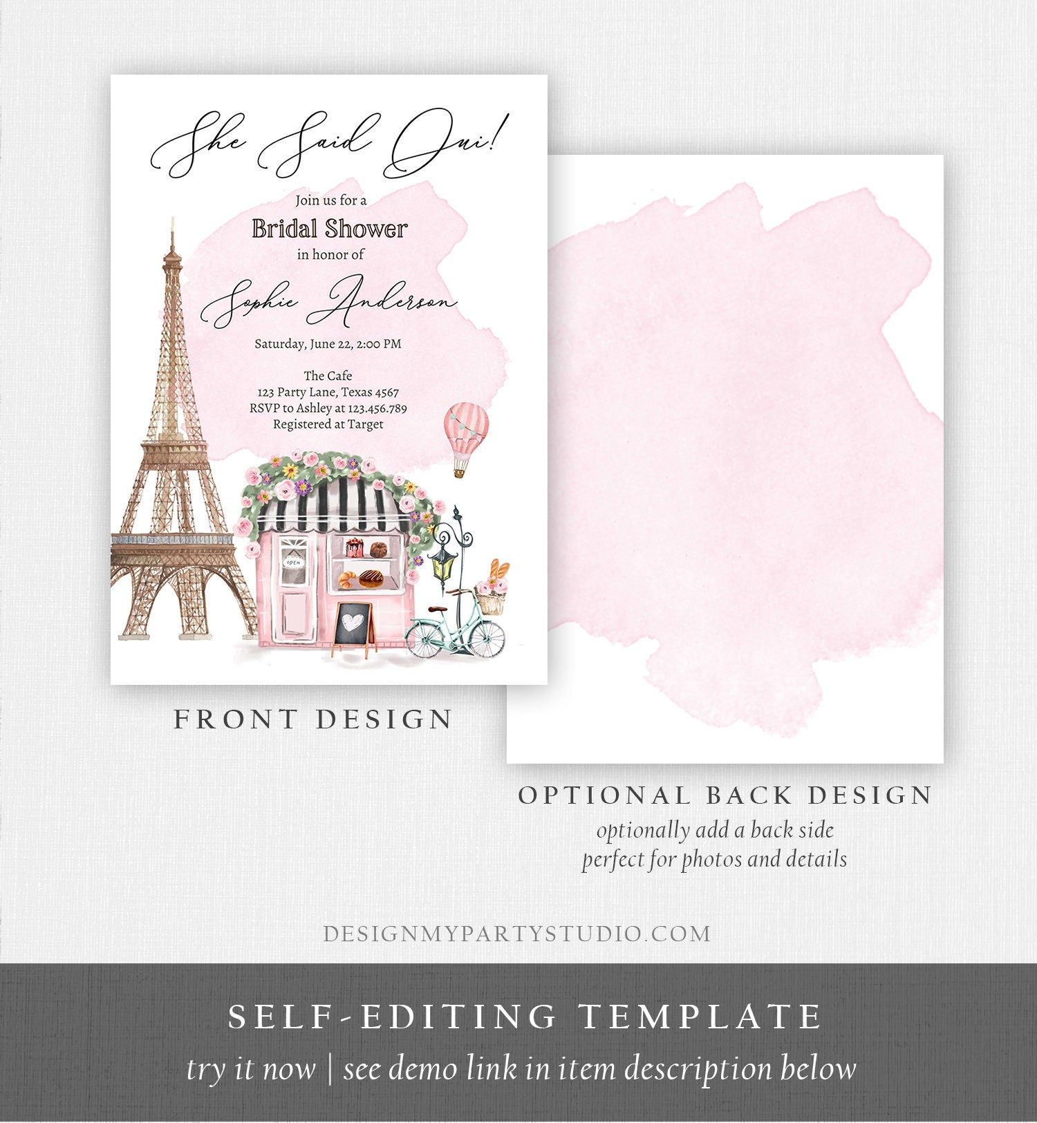 Editable Paris Bridal Shower Invitation She Said Oui French Patisserie Parisian Eiffel Tower Floral Printable Template Corjl Digital 0441