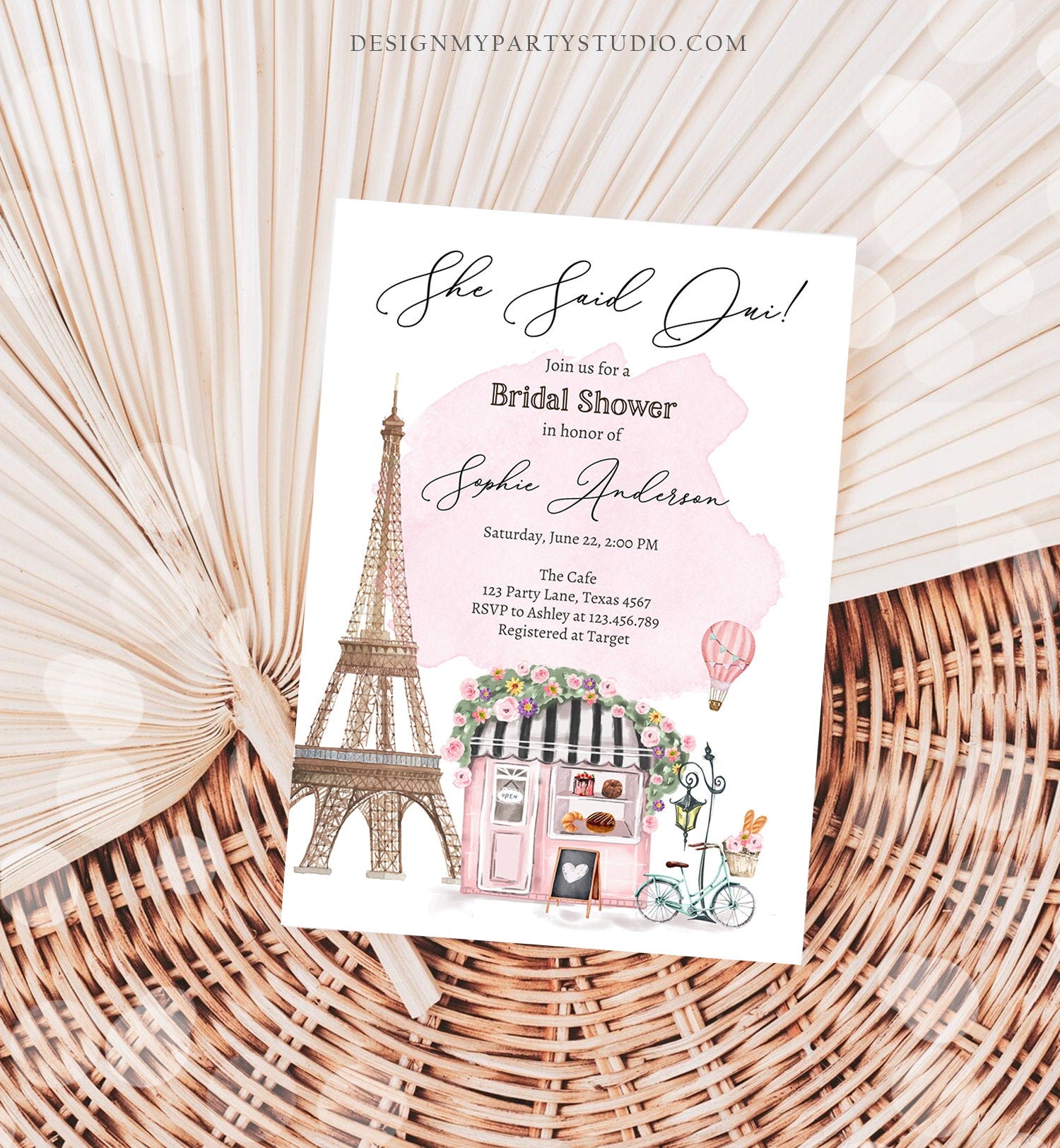 Editable Paris Bridal Shower Invitation She Said Oui French Patisserie Parisian Eiffel Tower Floral Printable Template Corjl Digital 0441