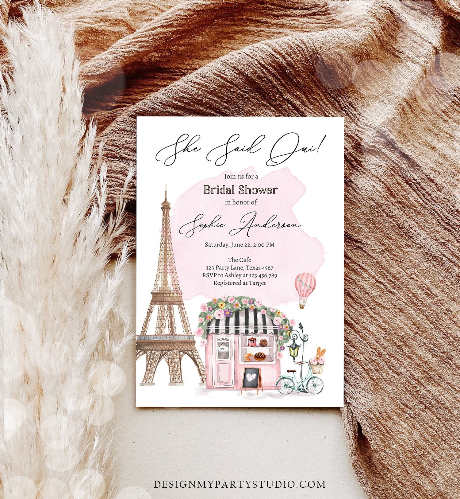 Editable Paris Bridal Shower Invitation She Said Oui French Patisserie Parisian Eiffel Tower Floral Printable Template Corjl Digital 0441