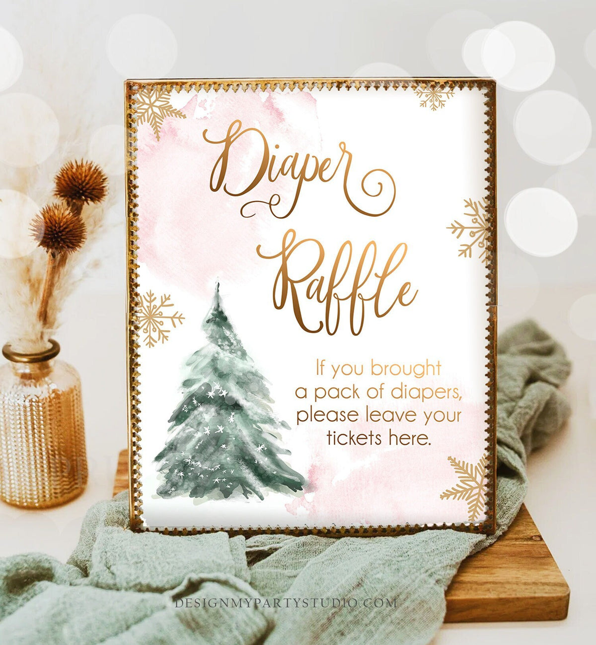 Diaper Raffle Sign Winter Tree Watercolor Snowflake Baby Shower Sign Decor Diaper Table Girl Cold Outside Shower Download Printable 0363