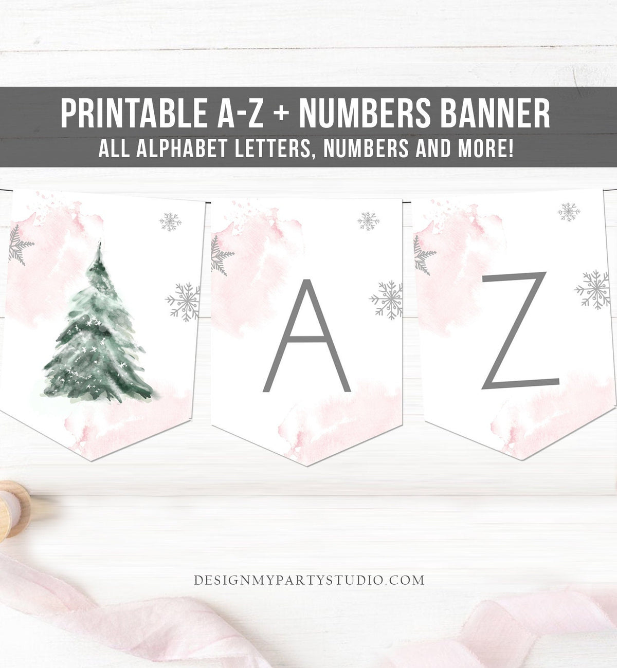 Winter Tree Alphabet Banner A-Z Numbers Banner Baby It&#39;s Cold Outside Shower Birthday Pink Silver Onederland Wonderland Decor Printable 0363