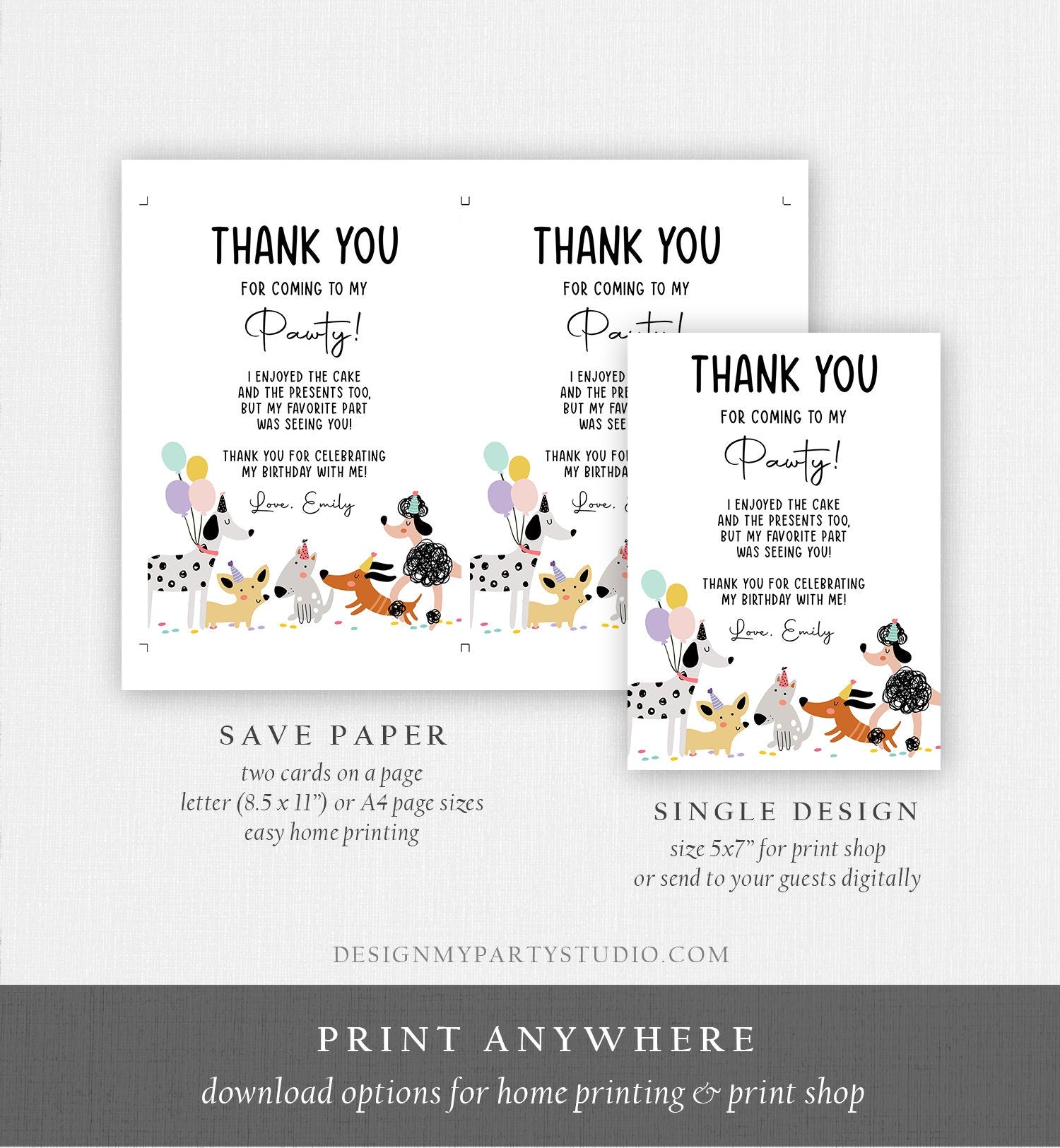 Editable Dog Birthday Thank You Card Puppy Birthday Invite Pink Girl Pawty Birthday Animal Pet Vet Download Printable Template Corjl 0429