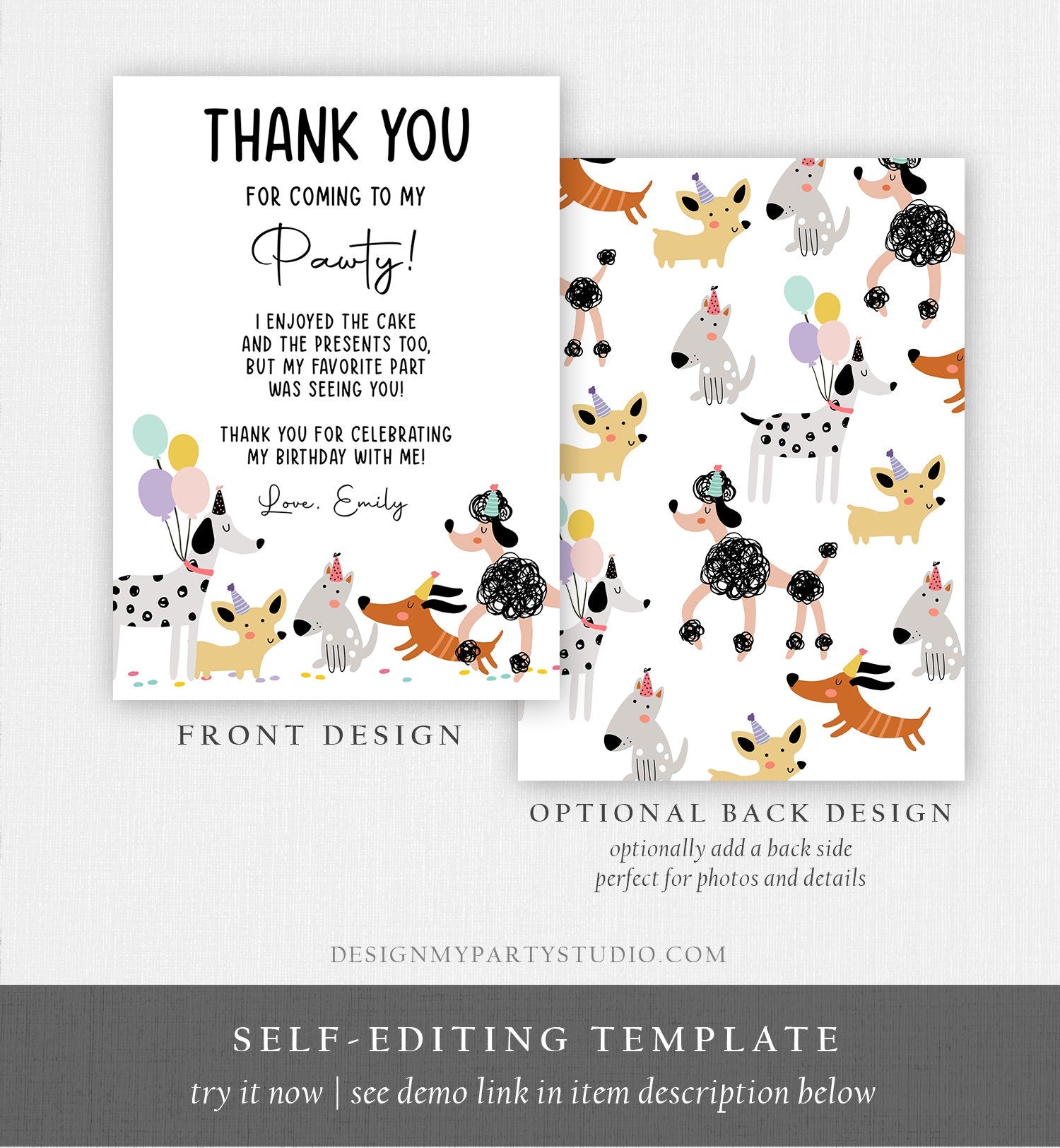 Editable Dog Birthday Thank You Card Puppy Birthday Invite Pink Girl Pawty Birthday Animal Pet Vet Download Printable Template Corjl 0429