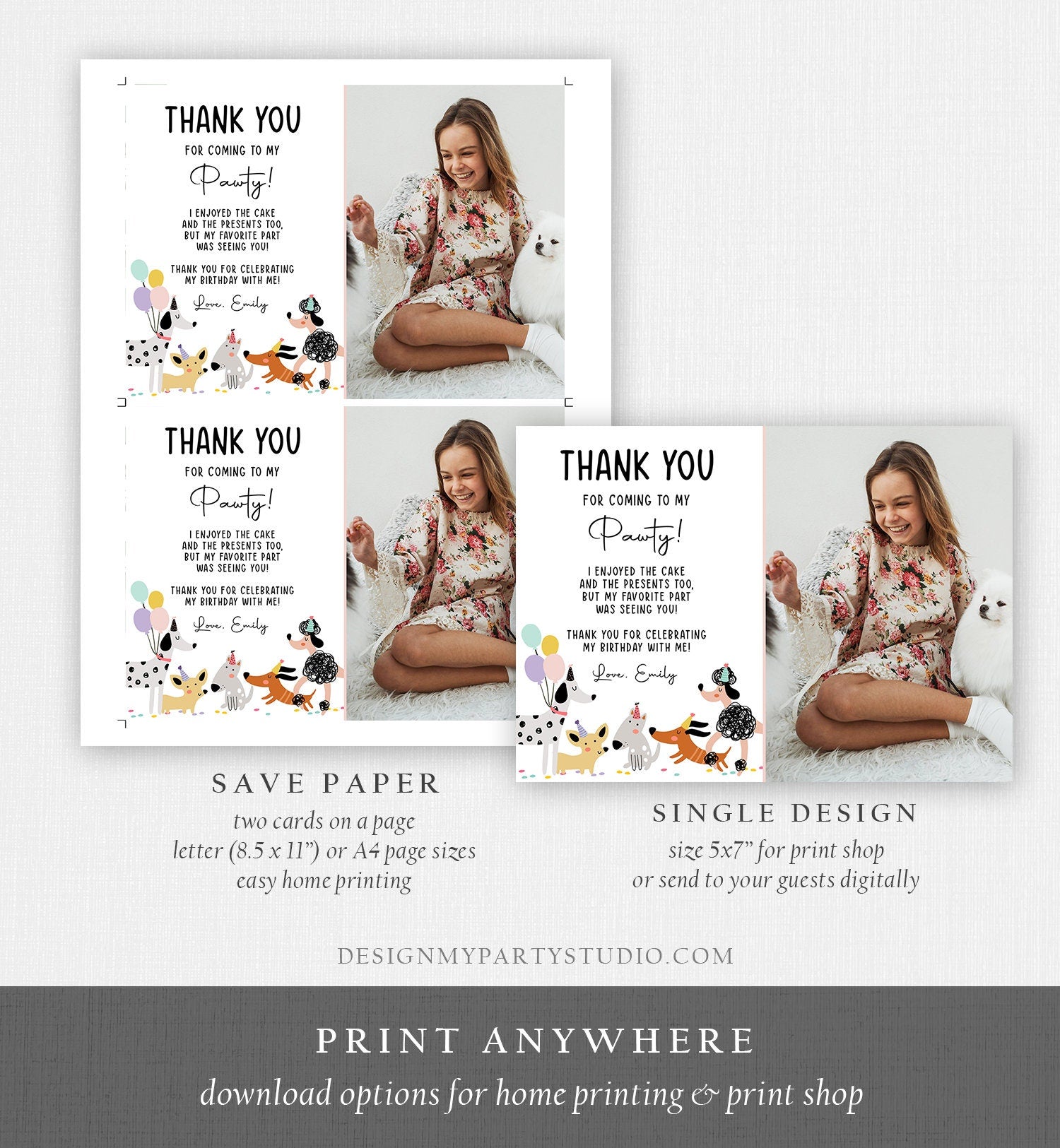 Editable Dog Birthday Thank You Card Puppy Birthday Invite Pink Girl Pawty Birthday Animal Pet Vet Download Printable Template Corjl 0429