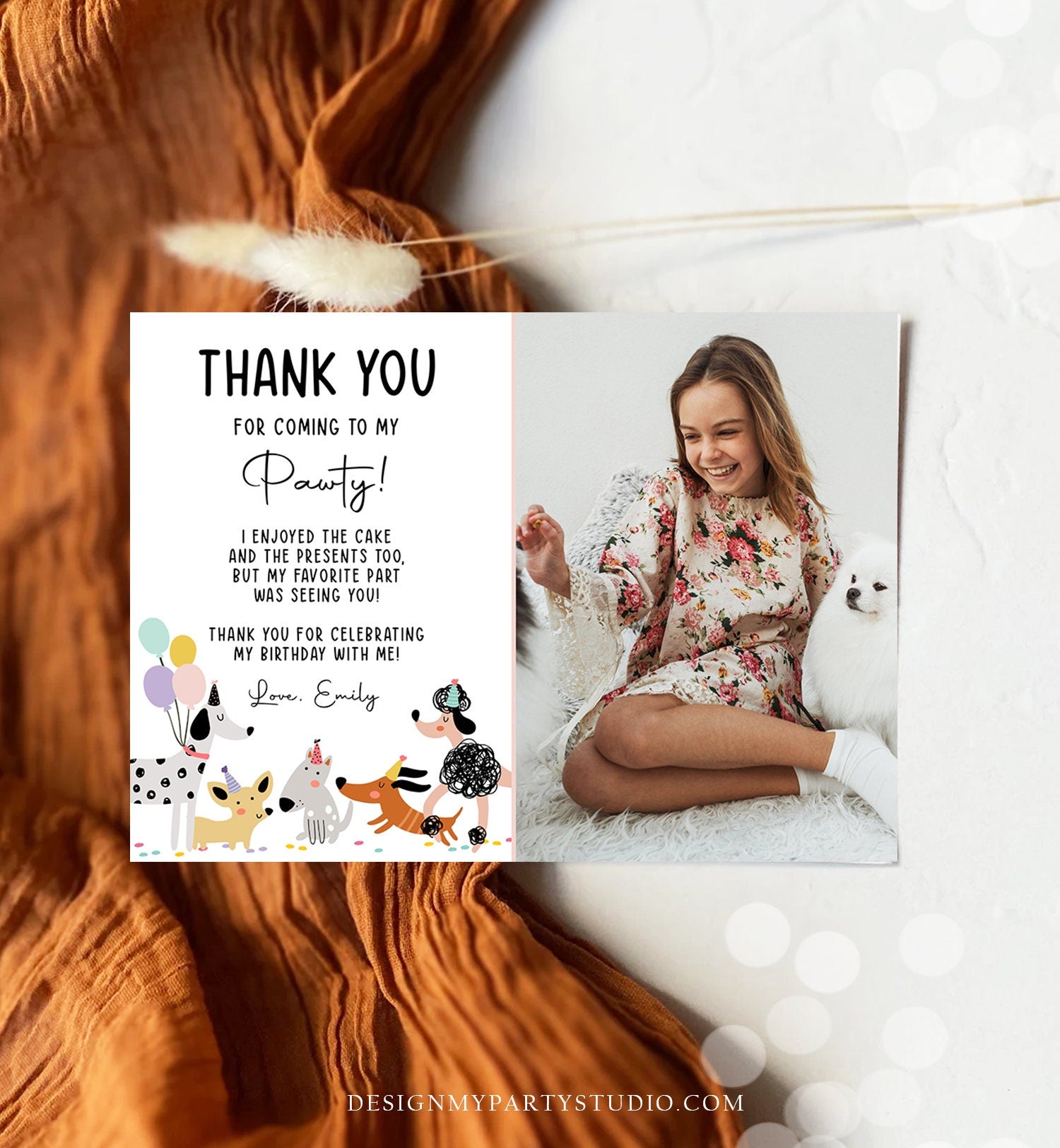 Editable Dog Birthday Thank You Card Puppy Birthday Invite Pink Girl Pawty Birthday Animal Pet Vet Download Printable Template Corjl 0429