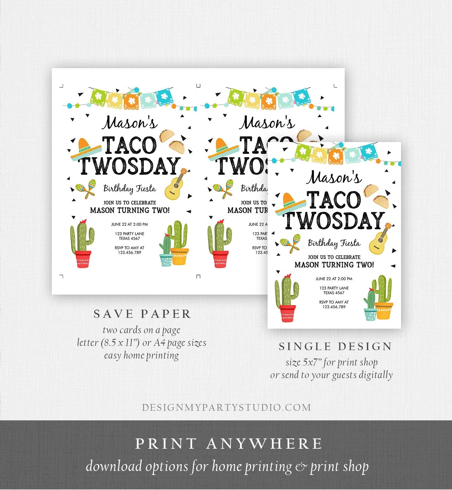 Editable Taco Twosday Invitation Mexican Twosday Birthday Fiesta 2nd Birthday Boy Fiesta Two Download Printable Invite Template Evite 0161