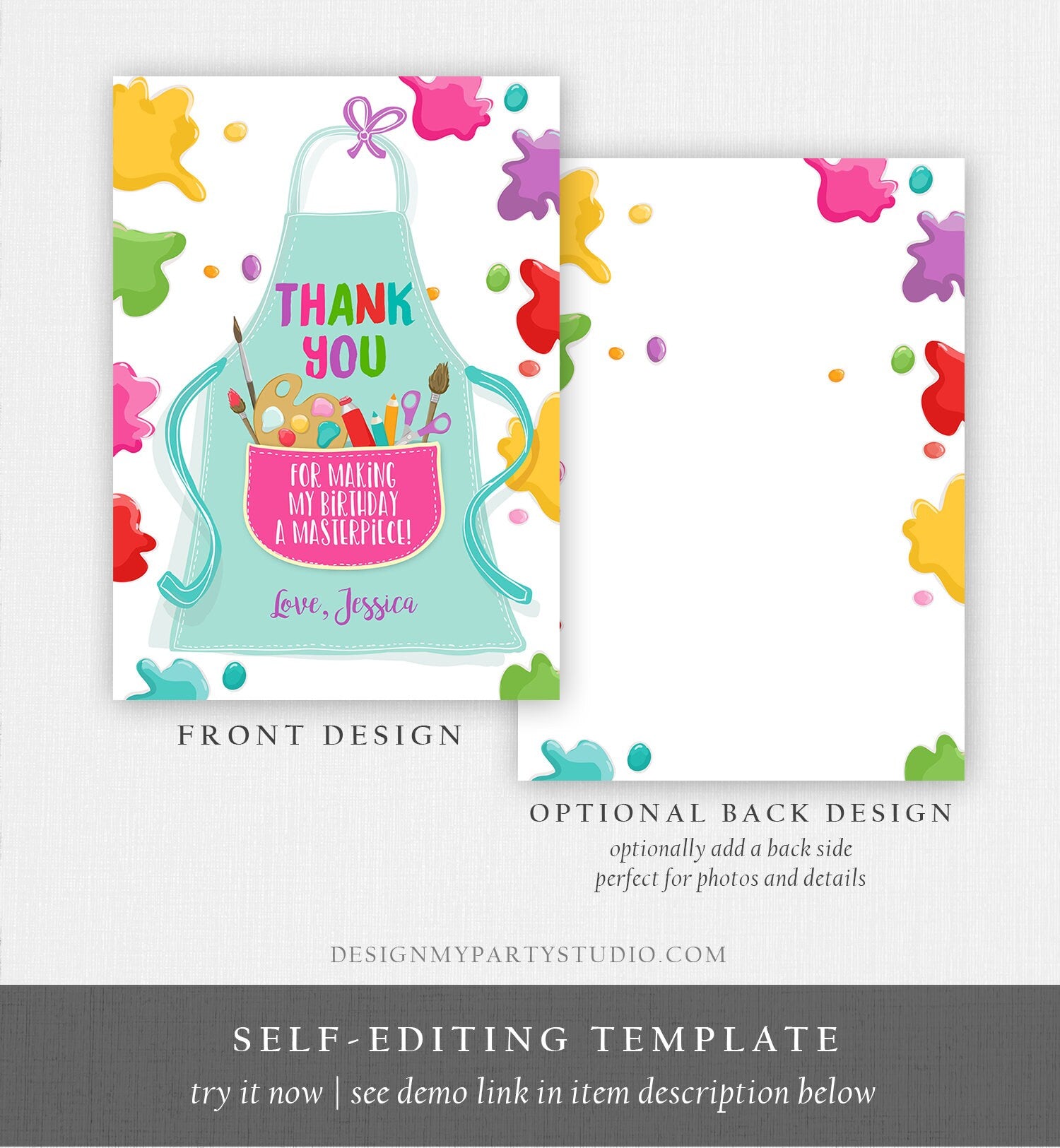 Editable Art Party Thank You Card Girl Boy Birthday Painting Crafting Party Paint Craft Apron Arts Printable Corjl Template Digital 0319