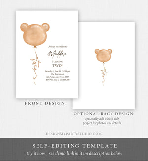 Editable Bear Birthday Invitation 2nd Birthday Bear Balloon Teddy Bears Picnic Neutral Boho Printable Template Instant Download Corjl 0439