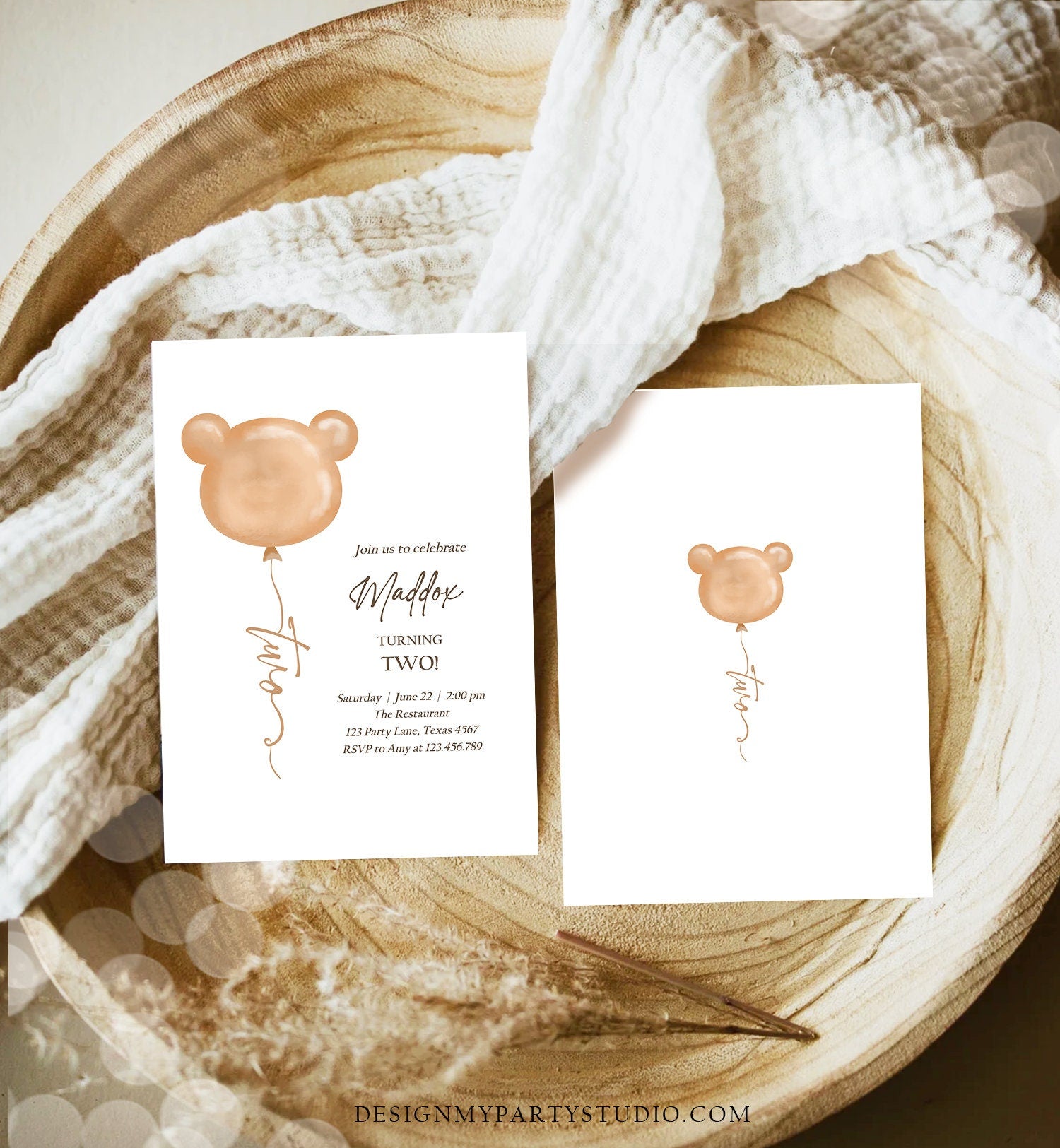 Editable Bear Birthday Invitation 2nd Birthday Bear Balloon Teddy Bears Picnic Neutral Boho Printable Template Instant Download Corjl 0439