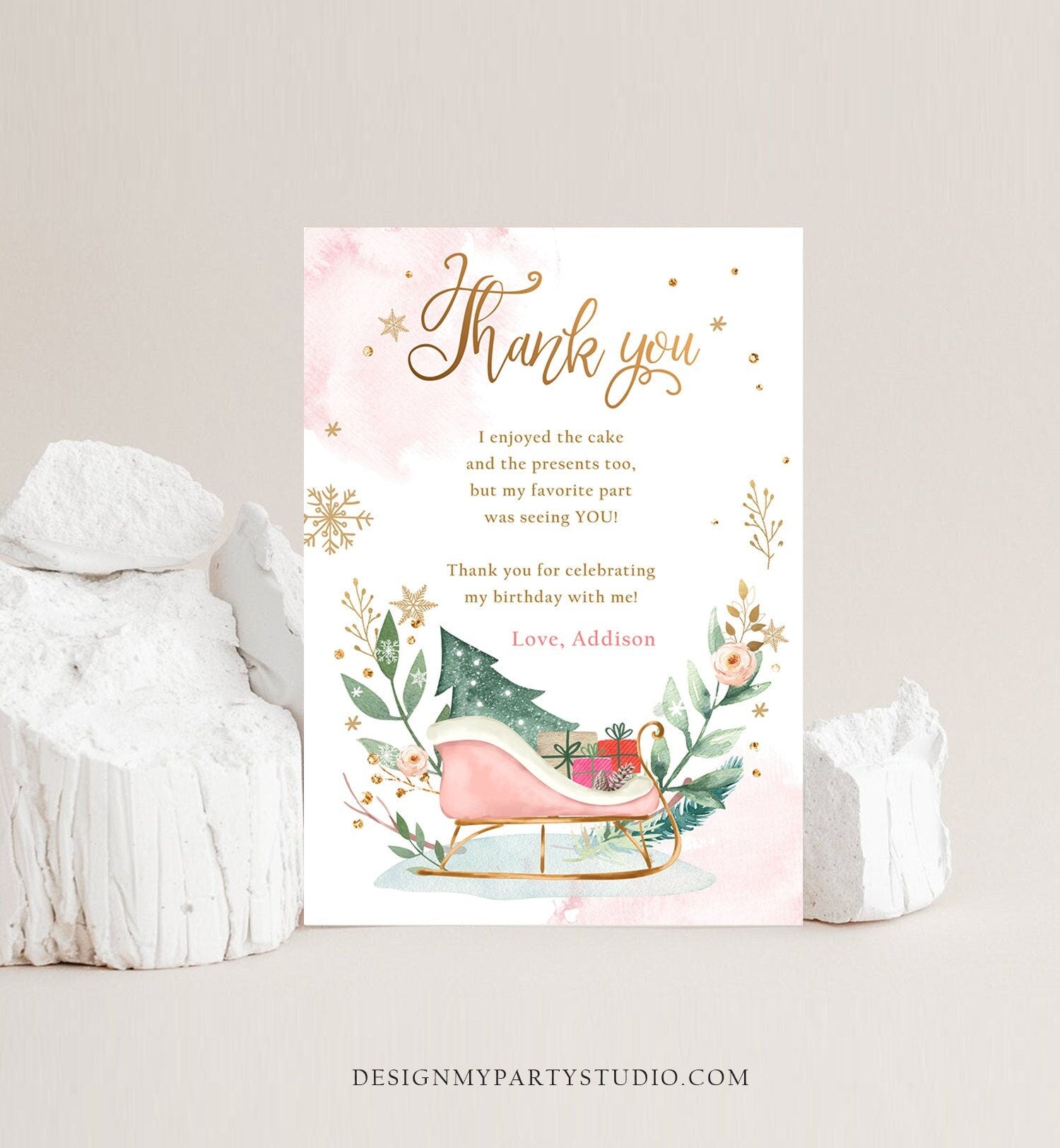 Editable Sleigh Winter Tree Thank You Card Birthday Watercolor Baby Its Cold Outside Baby Shower Pink Girl Snow Template Download Corjl 0353