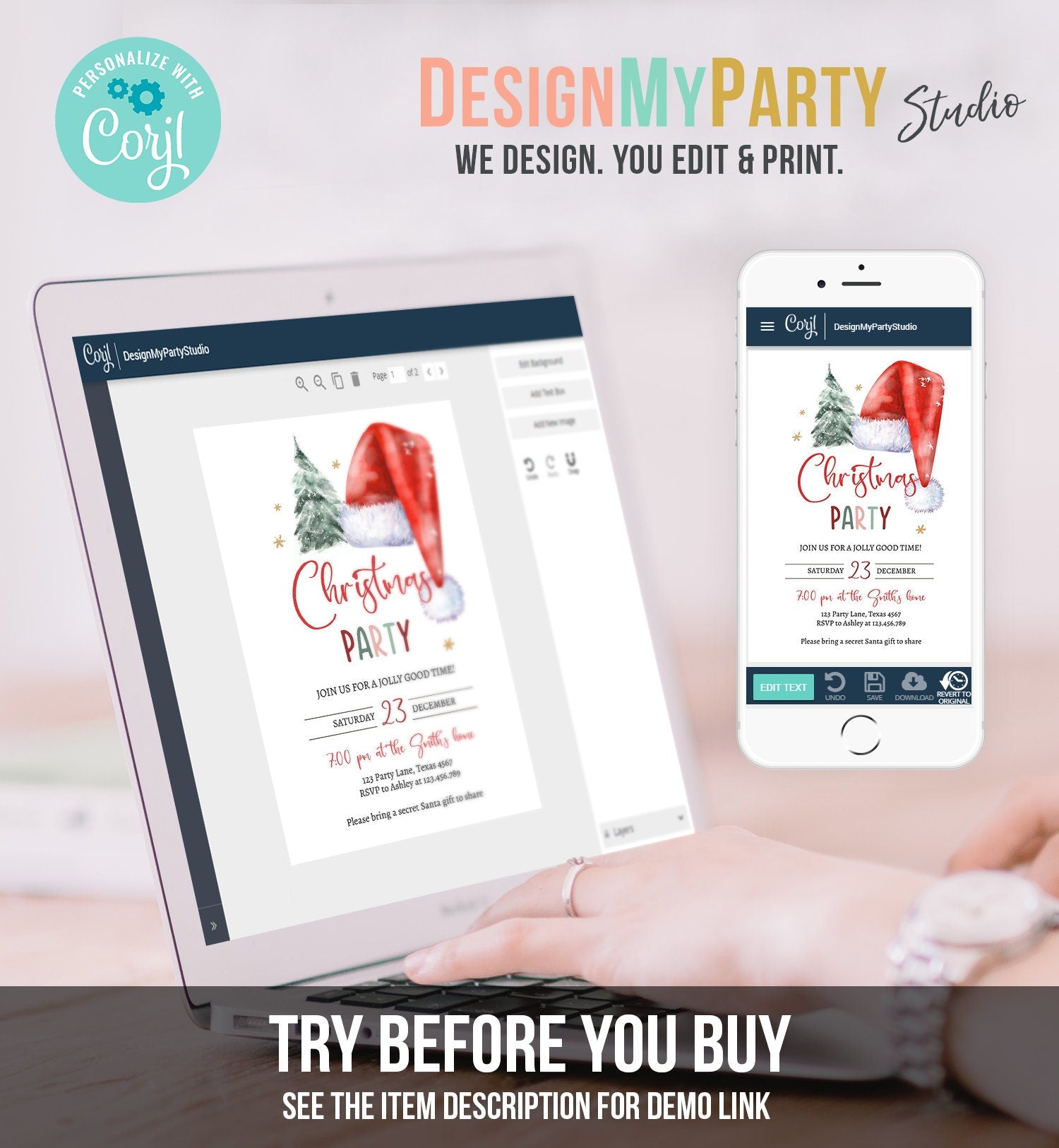 Editable Christmas Party Invitation Holiday Santa Hat Christmas Invitation Christmas Birthday Tree Corjl Template Download Printable 0444