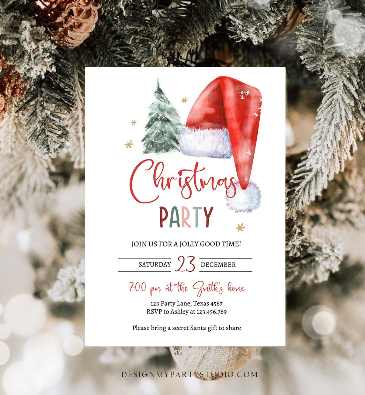 Editable Christmas Party Invitation Holiday Santa Hat Christmas Invitation Christmas Birthday Tree Corjl Template Download Printable 0444