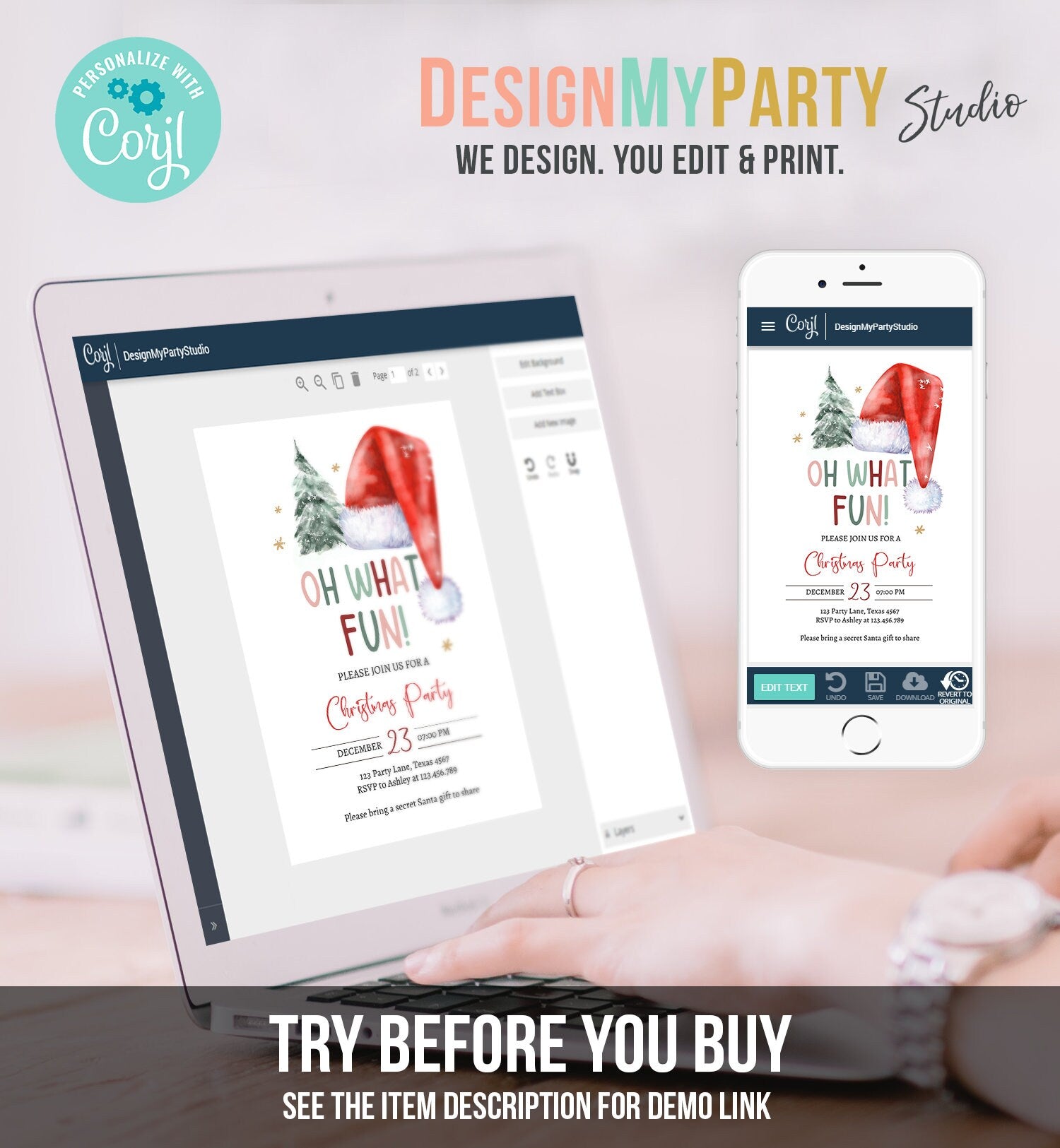 Editable Christmas Party Invitation Kids Holiday Santa Hat Oh What Fun Invite Christmas Birthday Corjl Template Download Printable 0444