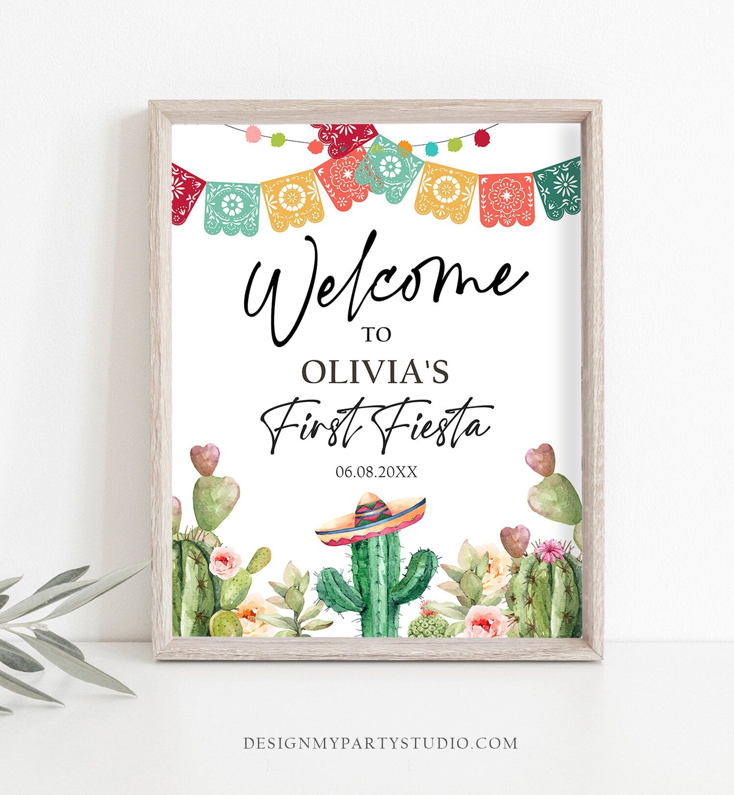 Editable Fiesta Cactus Welcome Sign First Fiesta Birthday Welcome Desert Mexican Succulent 1st Succulent Corjl Template Printable 0404