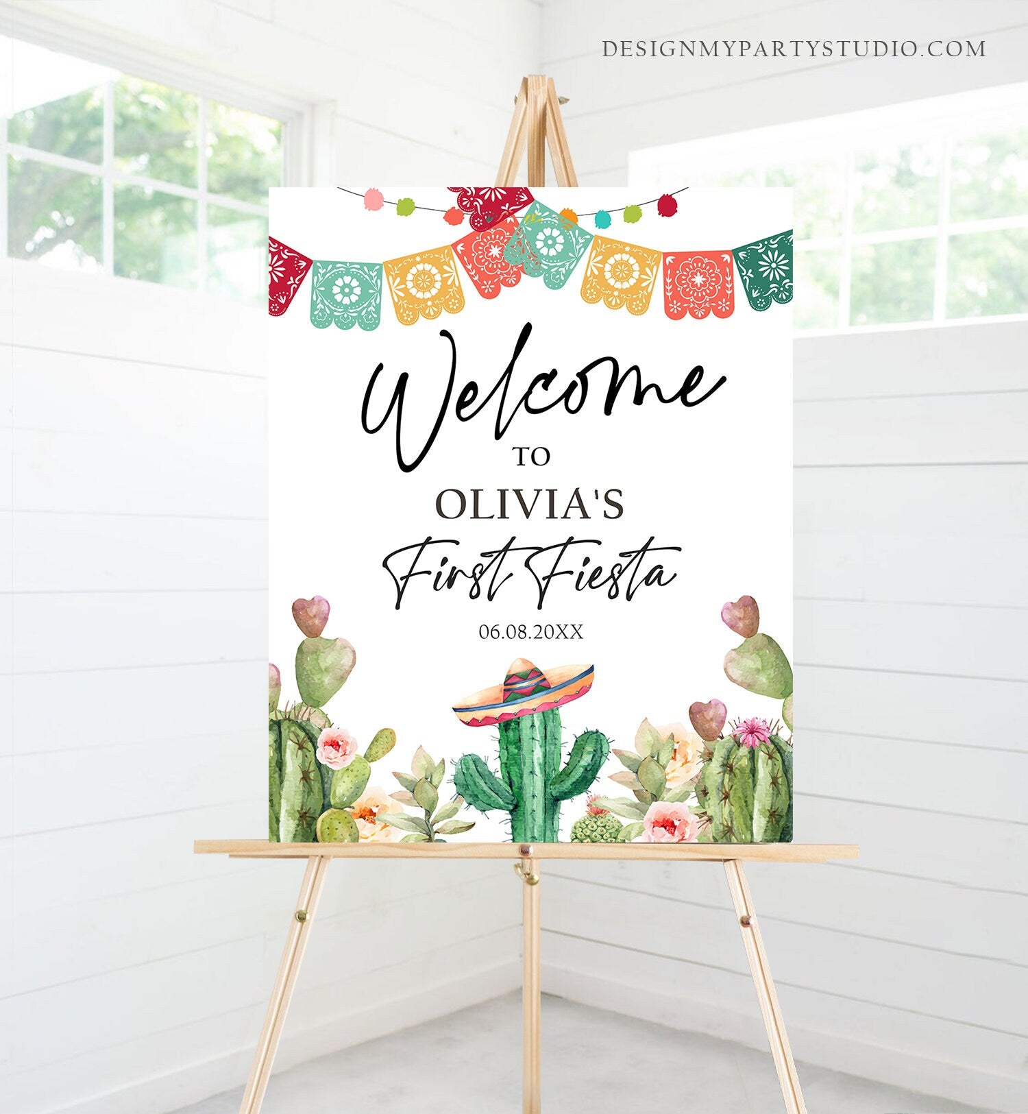 Editable Fiesta Cactus Welcome Sign First Fiesta Birthday Welcome Desert Mexican Succulent 1st Succulent Corjl Template Printable 0404