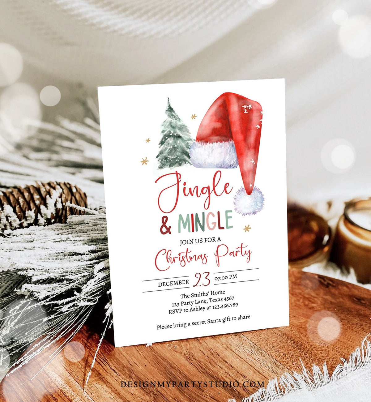 Editable Jingle &amp; Mingle Christmas Party Invitation Tree Holiday Party Invite Santa Hat Invite Corjl Template Download Printable 0444