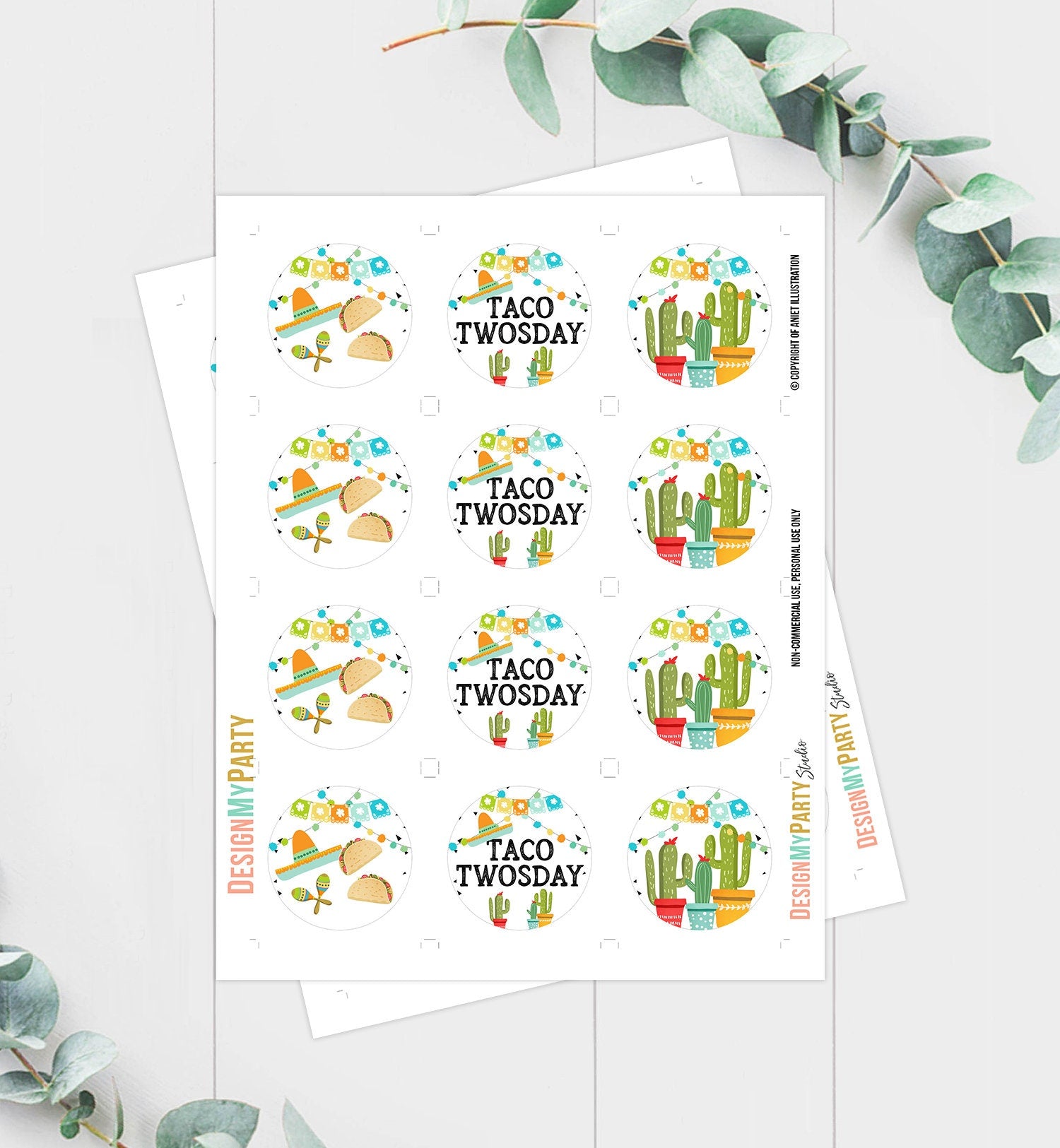 Taco Twosday Fiesta Cupcake Toppers Favor Tag Sticker Second Birthday Party Decoration Fiesta Mexican Cactus Instant Download Printable 0161