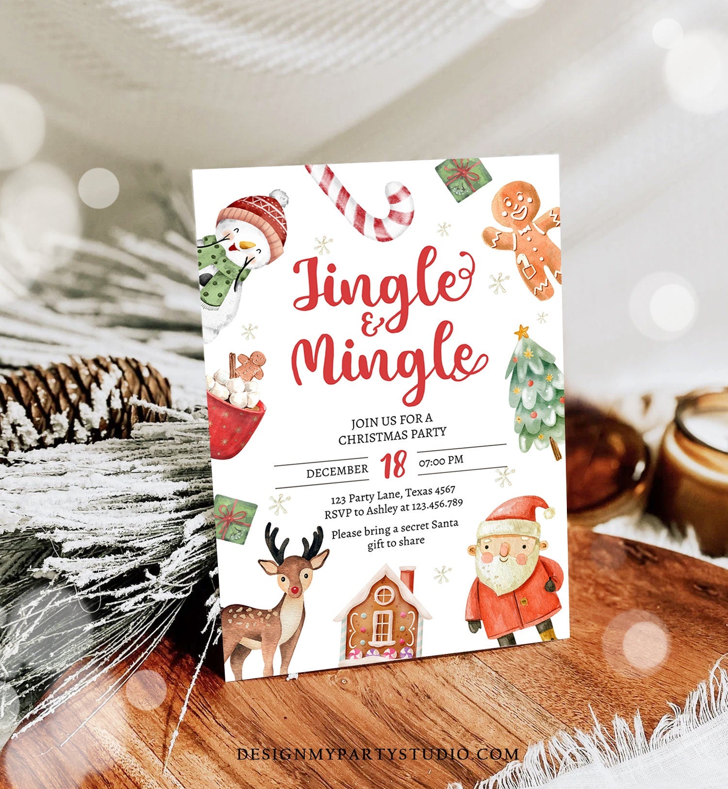 Editable Christmas Party Invitation Kids Christmas Invite Holiday Party Jingle and Mingle Birthday Corjl Template Download Printable 0445