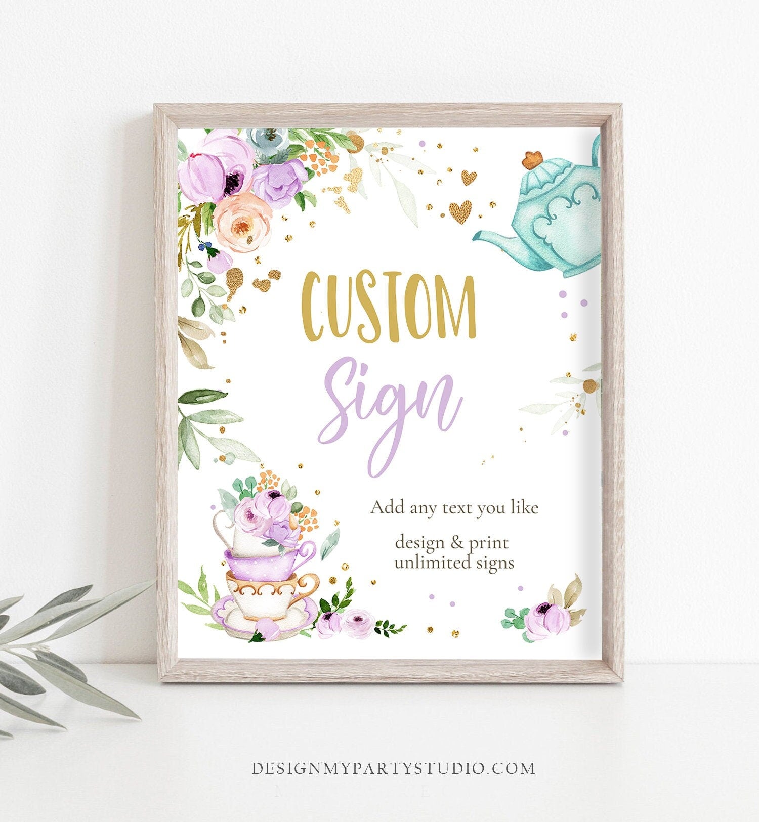 Editable Custom Tea Party Sign Baby Shower Brewing Floral Tea for Two Purple Gender Neutral Table Sign 8x10 Corjl Template Printable 0349