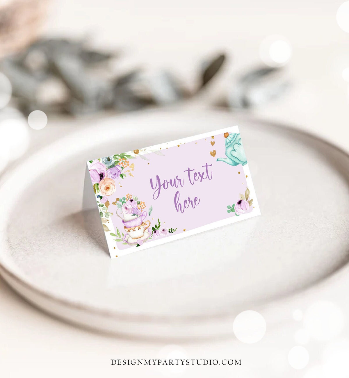 Editable Tea Party Food Label Tea Place Card Tent Card Escort Card Par-Tea Tea for Two Decor Purple Floral Printable Corjl Template 0349