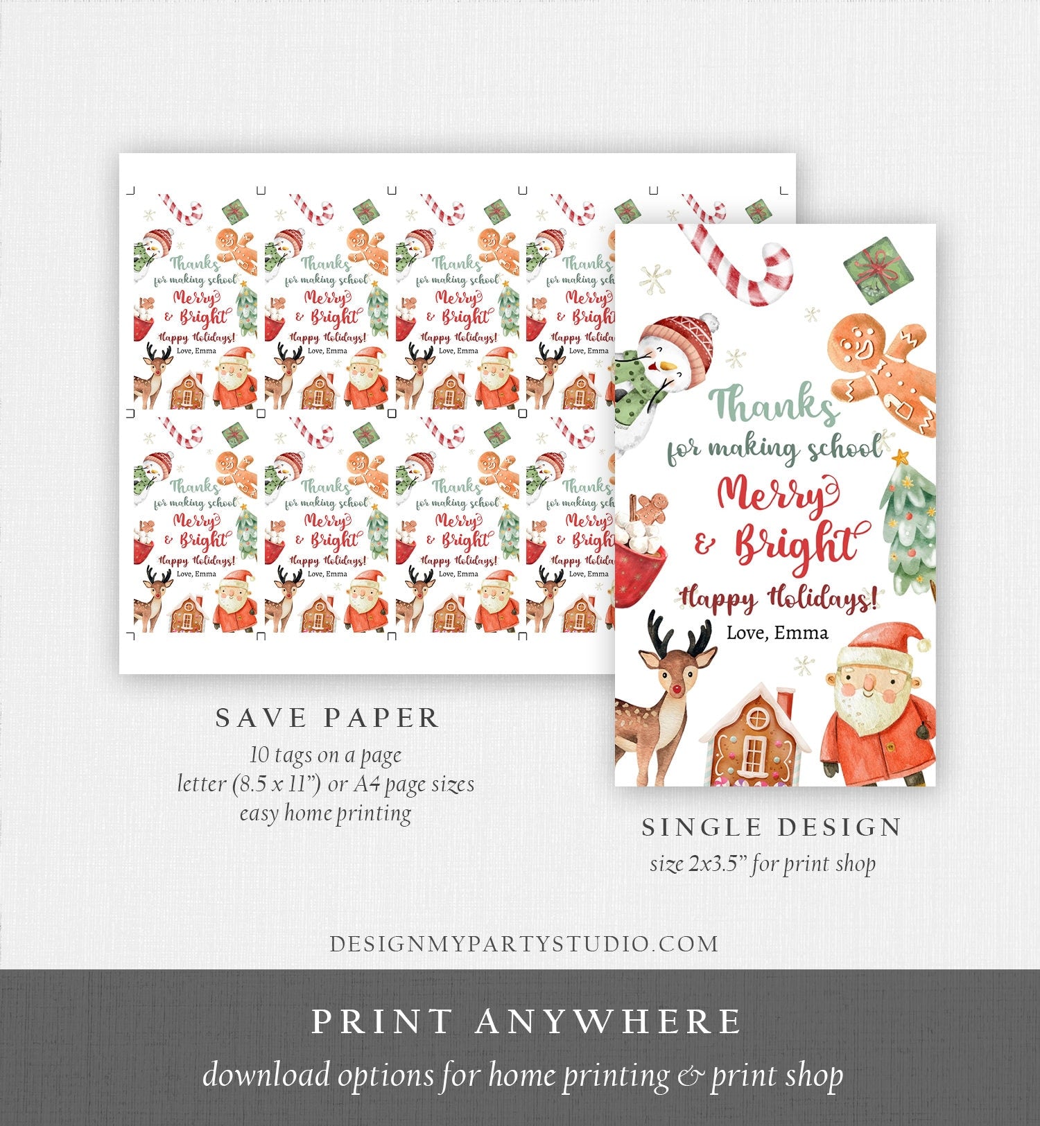 Editable School Merry and Bright Tag Christmas Gift Tag Holiday Tag Appreciation Teacher Staff Download Printable Template Corjl 0443 0445