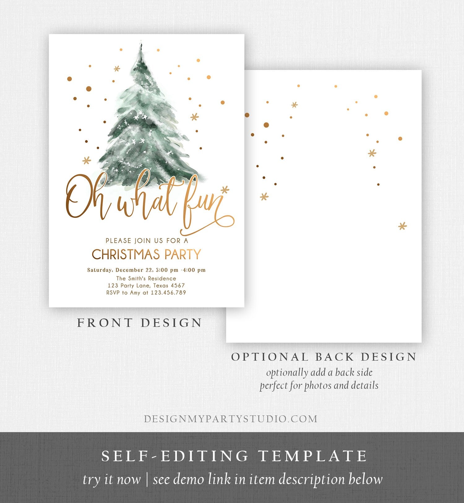 Editable Christmas Party Invitation Winter Tree Oh What Fun Invite Holiday Party Birthday Invite Corjl Template Download Printable 0363