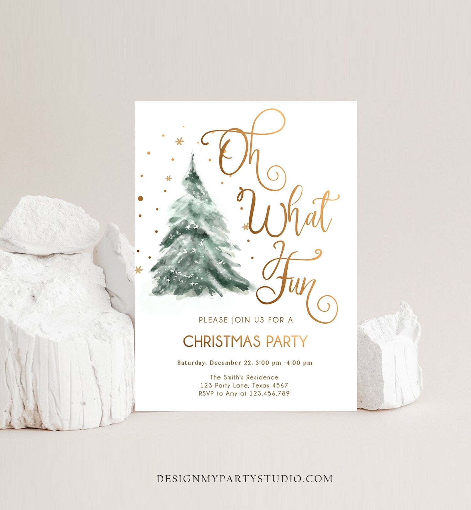 Editable Christmas Party Invitation Winter Tree Oh What Fun Invite Holiday Party Birthday Invite Corjl Template Download Printable 0363