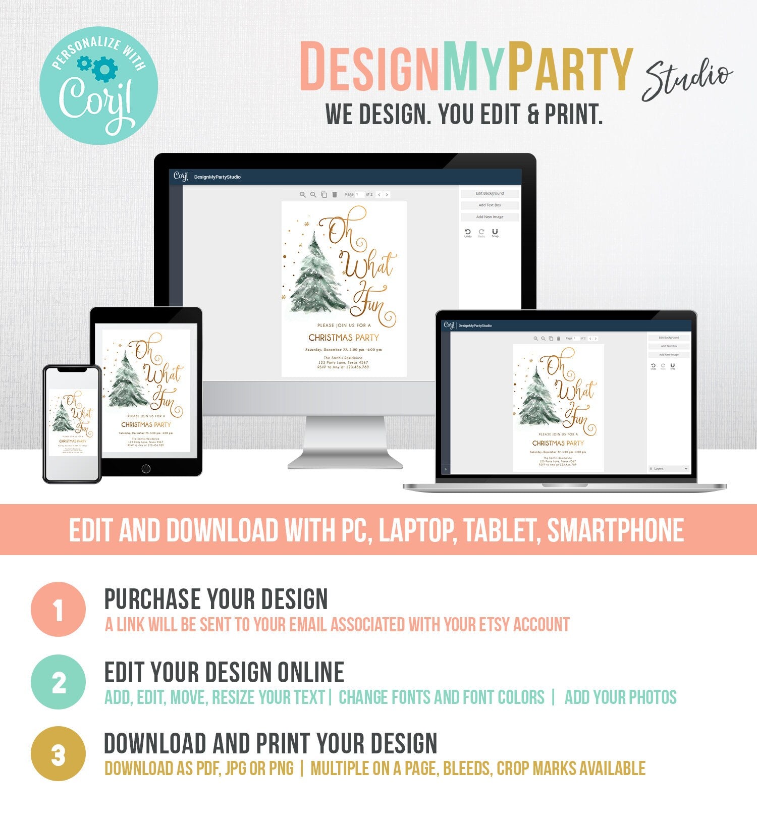 Editable Christmas Party Invitation Winter Tree Oh What Fun Invite Holiday Party Birthday Invite Corjl Template Download Printable 0363