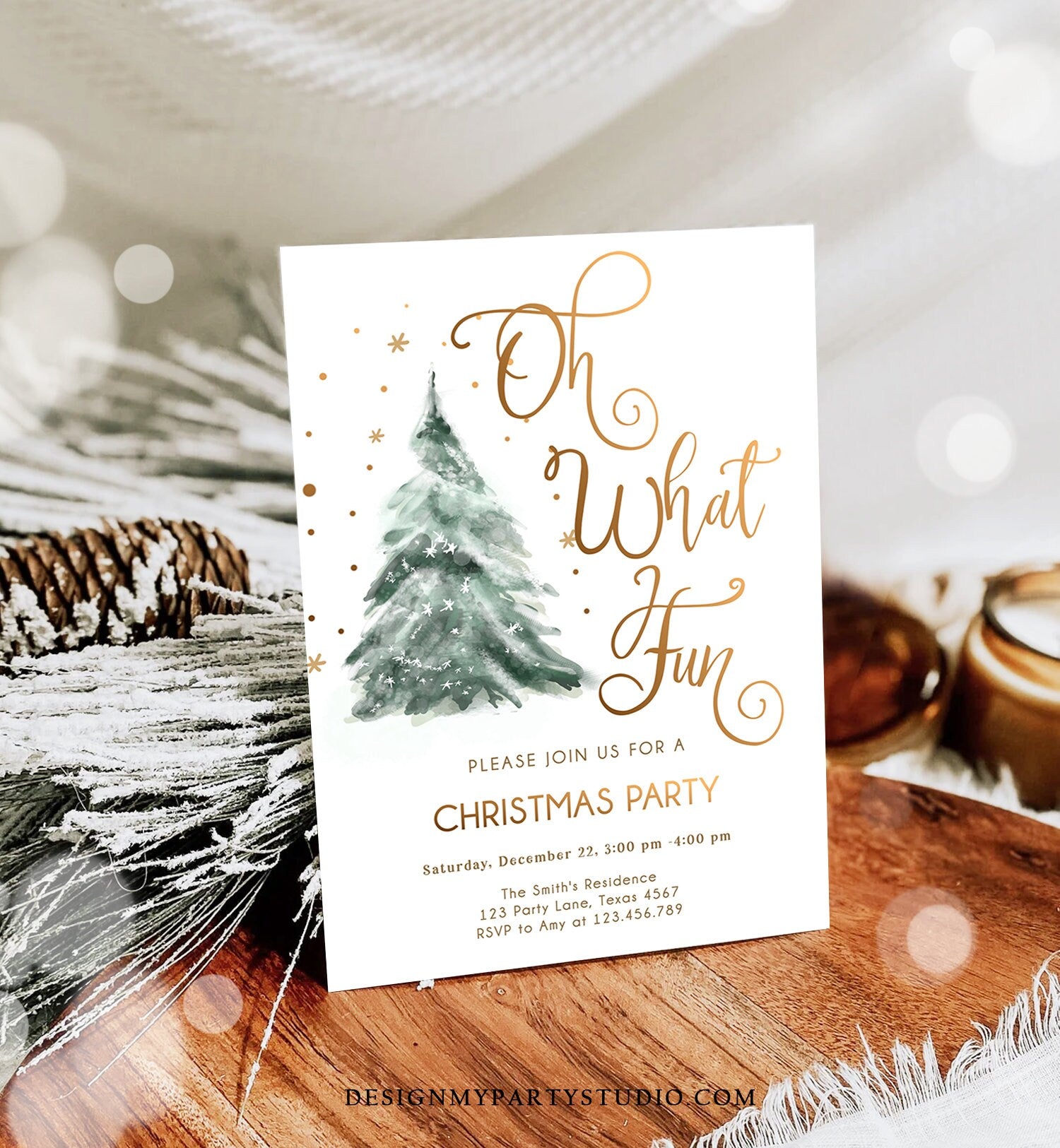 Editable Christmas Party Invitation Winter Tree Oh What Fun Invite Holiday Party Birthday Invite Corjl Template Download Printable 0363