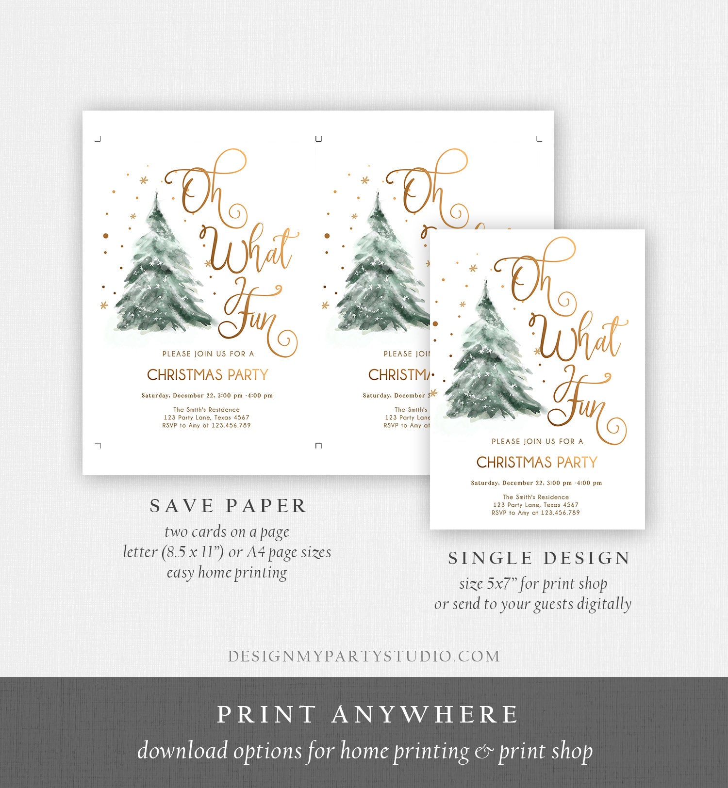 Editable Christmas Party Invitation Winter Tree Oh What Fun Invite Holiday Party Birthday Invite Corjl Template Download Printable 0363