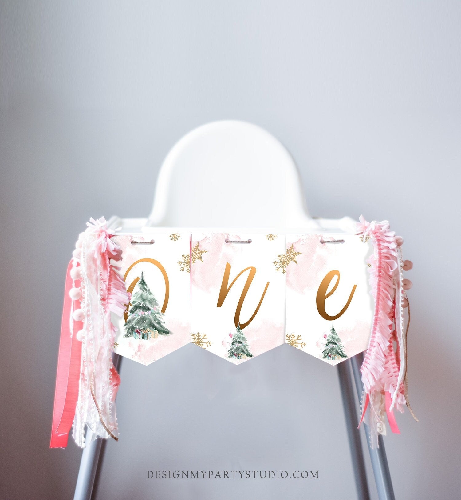 One High Chair Banner Winter Onederland Girl 1st First Birthday Pink Christmas Birthday Oh What Fun ONE Tree Decor PRINTABLE Digital 0363