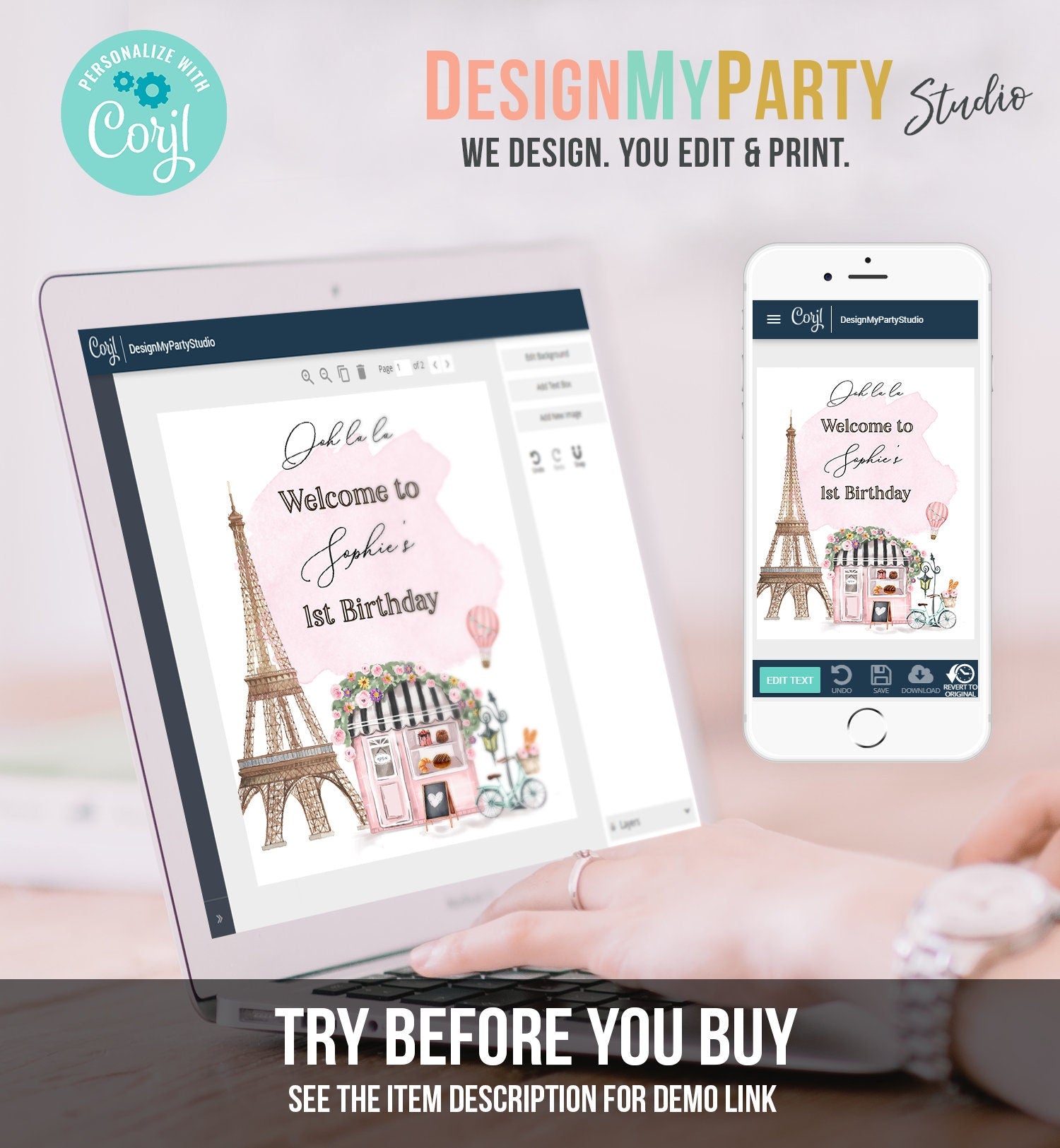 Editable Paris Birthday Welcome Sign French Patisserie Tea Party Birthday Floral France Paris Party Parisian Template PRINTABLE Corjl 0441