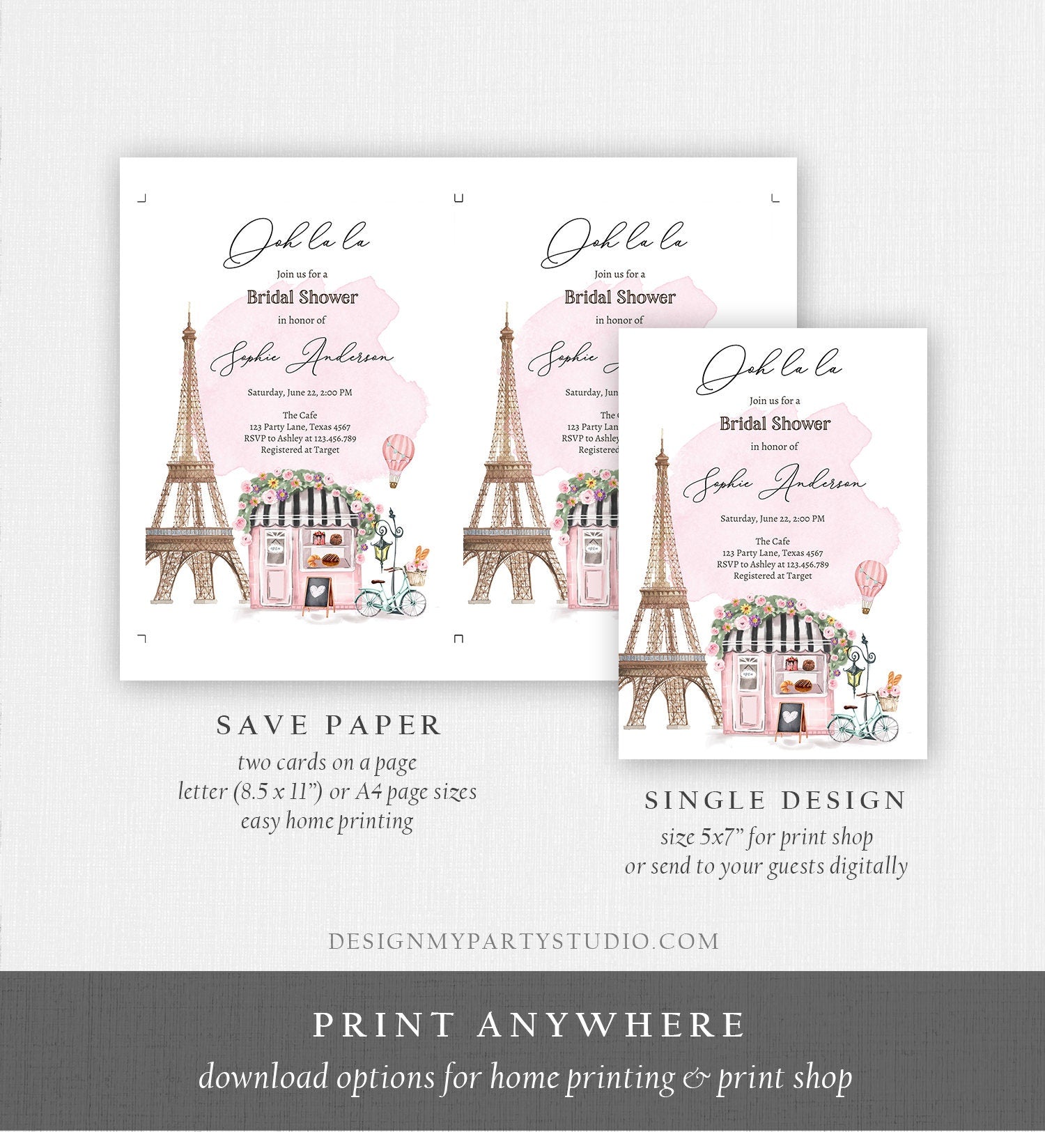 Editable Paris Bridal Shower Invitation French Patisserie Parisian Eiffel Tower Ooh La La Cafe Floral Digital Evite Template Printable 0441